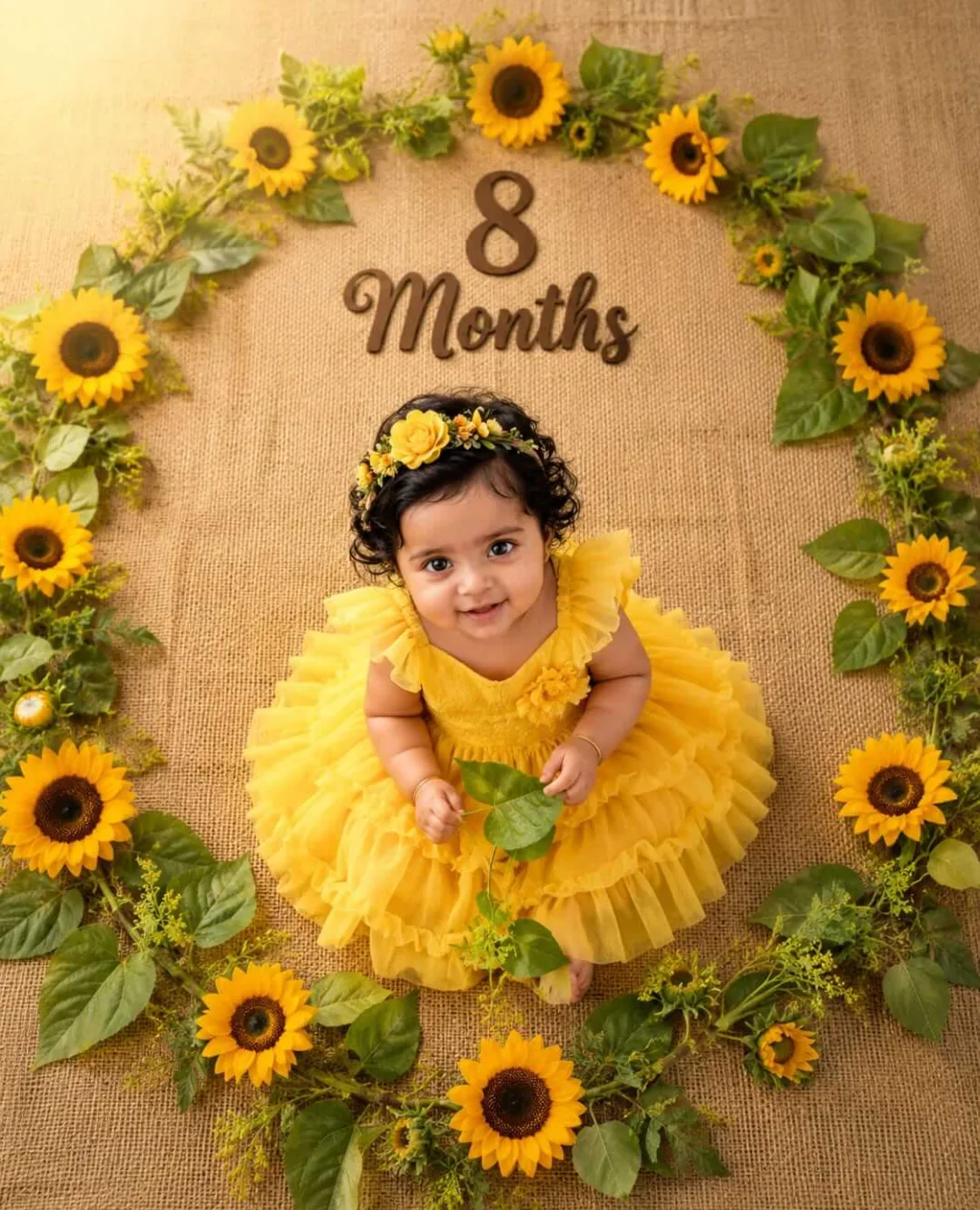 Adorable Indian baby girl around 8 months old sitting on a burlap mat, surrounded by beautiful yellow sunflowers and green leaves arranged