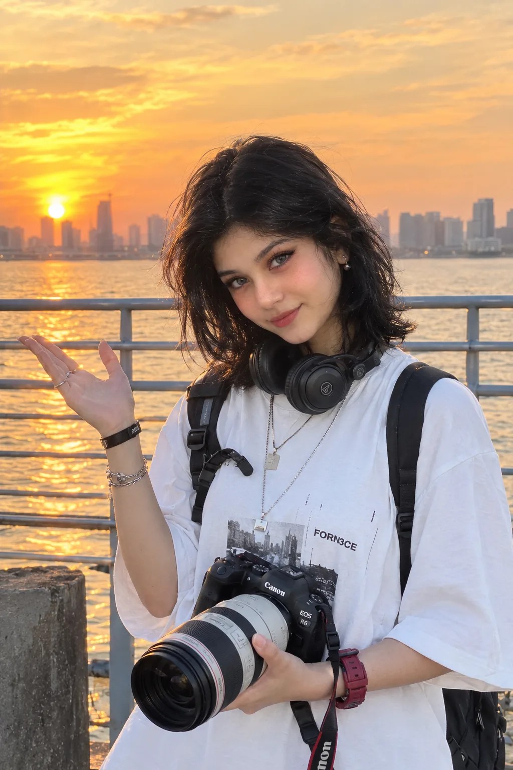 Ultra-realistic high-resolution portrait of a young woman standing outdoors beside a waterfront during a beautiful golden sunset.