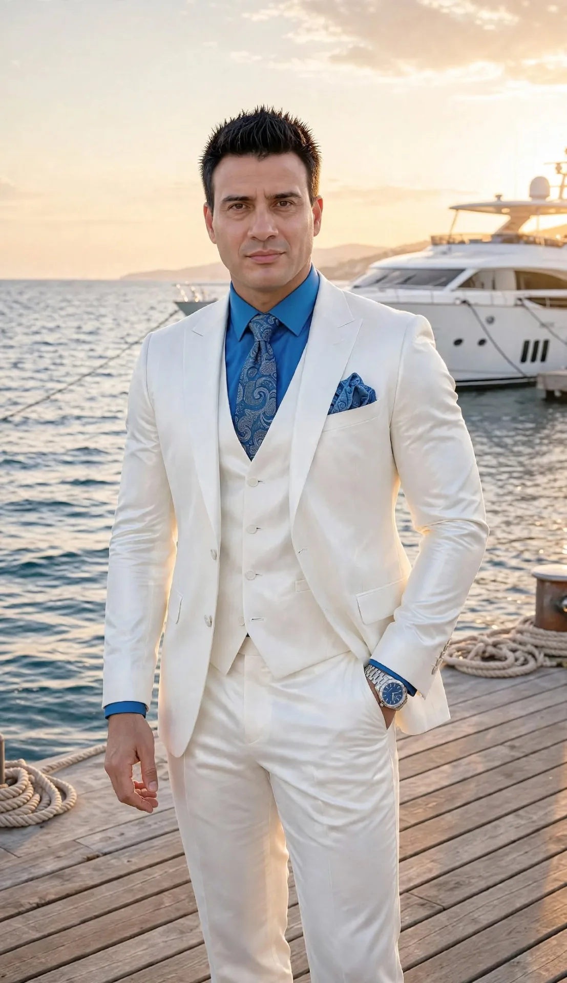 Ultra HD, 8K, crystal clear, sharp focus, photorealistic portrait of the same man from reference image, wearing a white three-piece