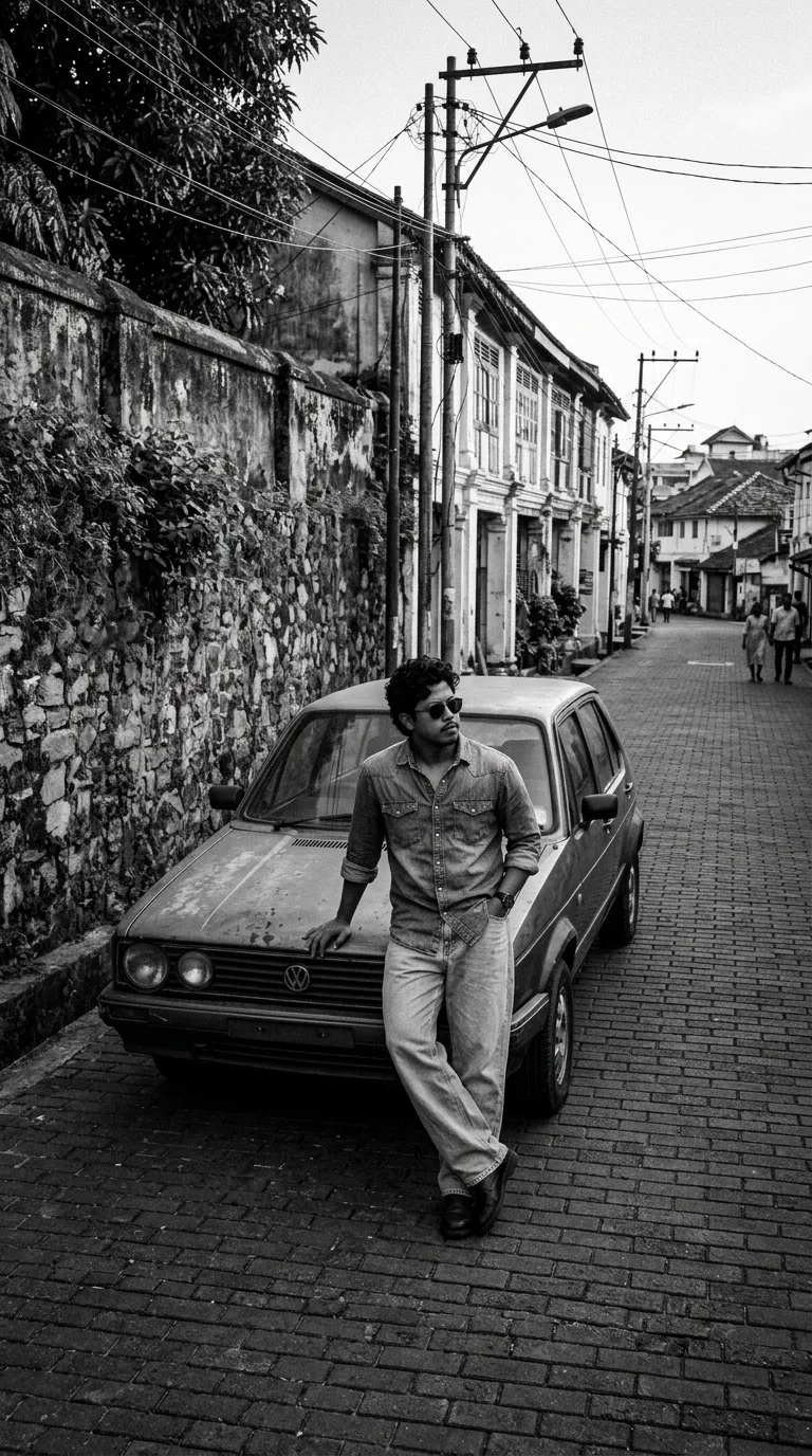 " PROMPT " Black-and-white cinematic street photograph of a young man with curly hair and dark sunglasses leaning casually on the hood of