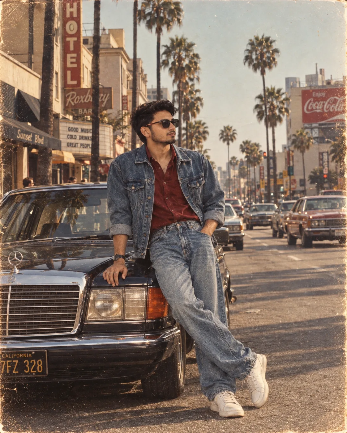 Create a highly realistic vertical 4:5 cinematic vintage film photograph of a fictional young man standing casually on a classic American