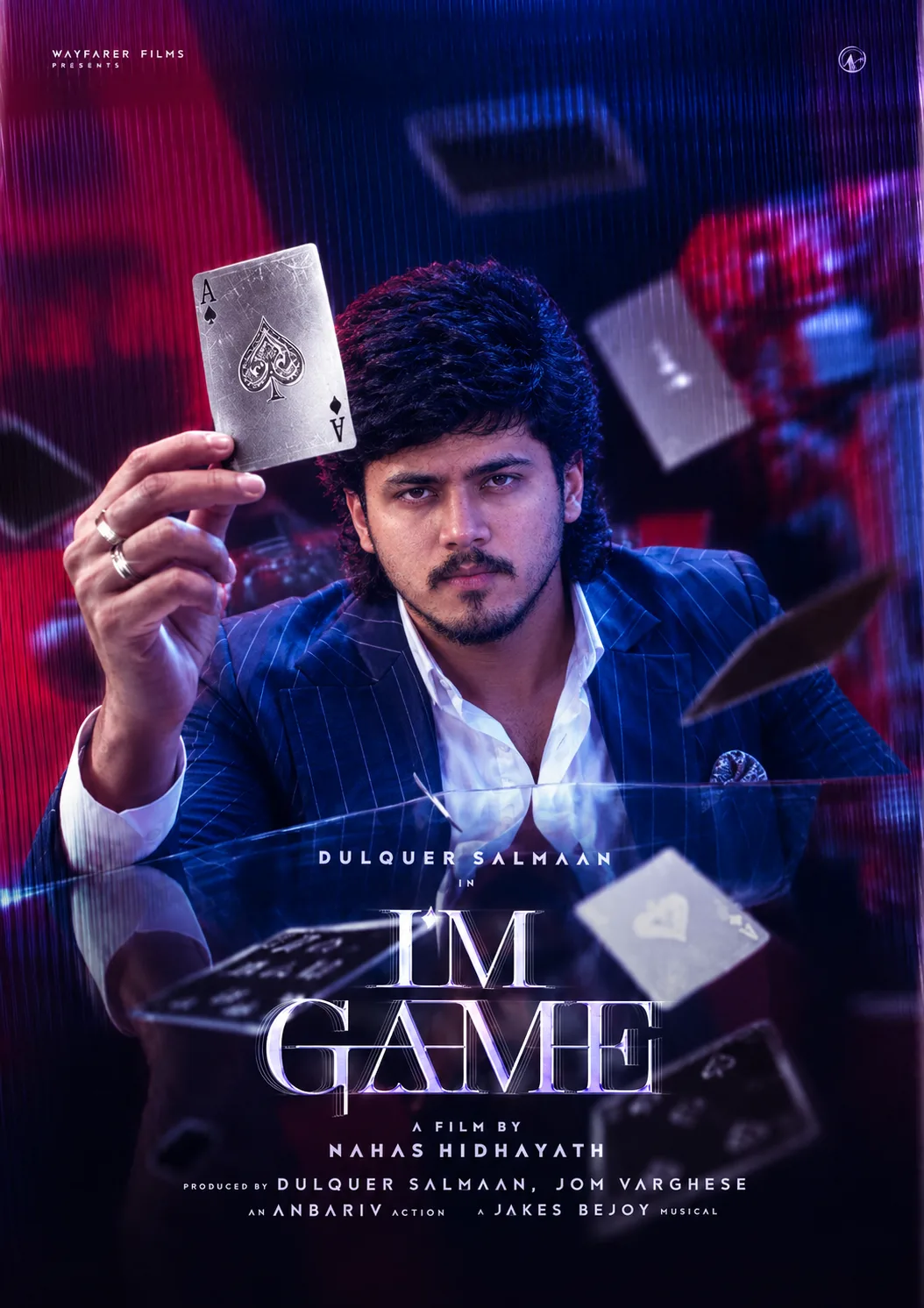 Create a cinematic, ultra-realistic movie poster featuring a confident young man seated at a high-stakes card table, wearing a dark navy
