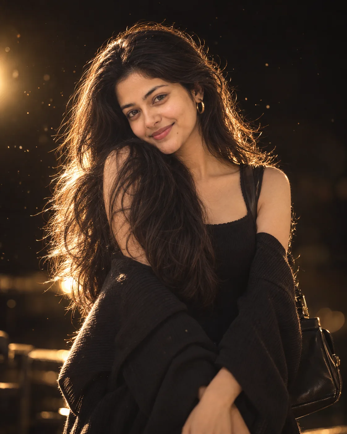 8K Ultra-realistic cinematic night portrait of a beautiful youn girl with glowing backlight and warm golden rim light around hair, floating