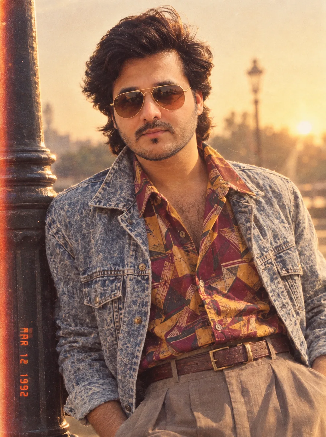 Transform the uploaded reference image into an authentic early 1990s South Asian cinema heartthrob portrait.