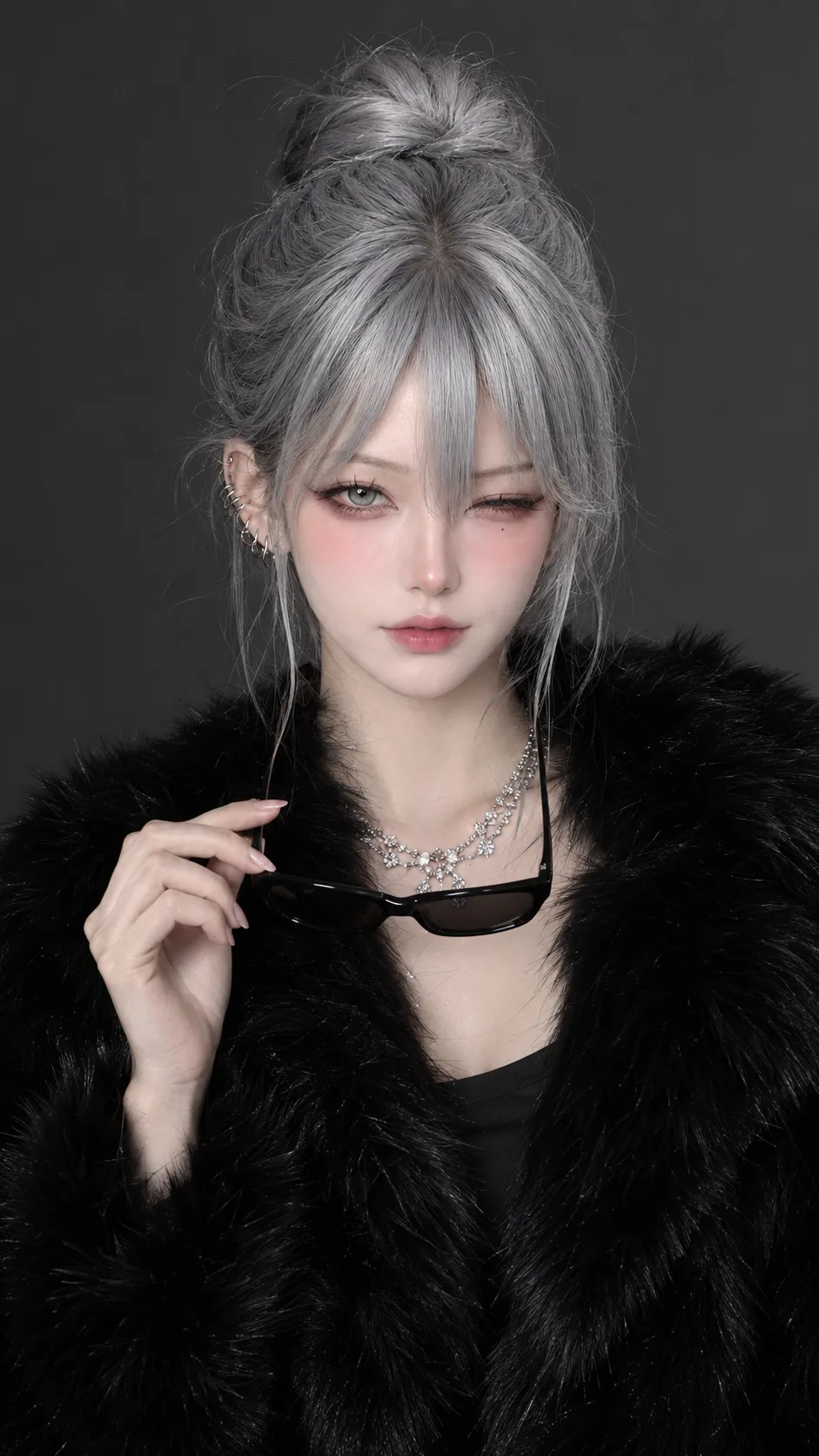 Create an ultra-realistic, high-resolution luxury fashion portrait of a beautiful young woman wearing an elegant black fur coat, posed