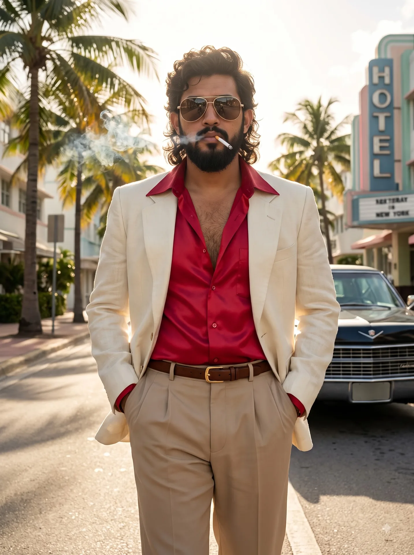 Ultra HD 8K photorealistic cinematic image of same man @socialist_sameer_ as 80s mafia gangster look walking towards camera aura level slow