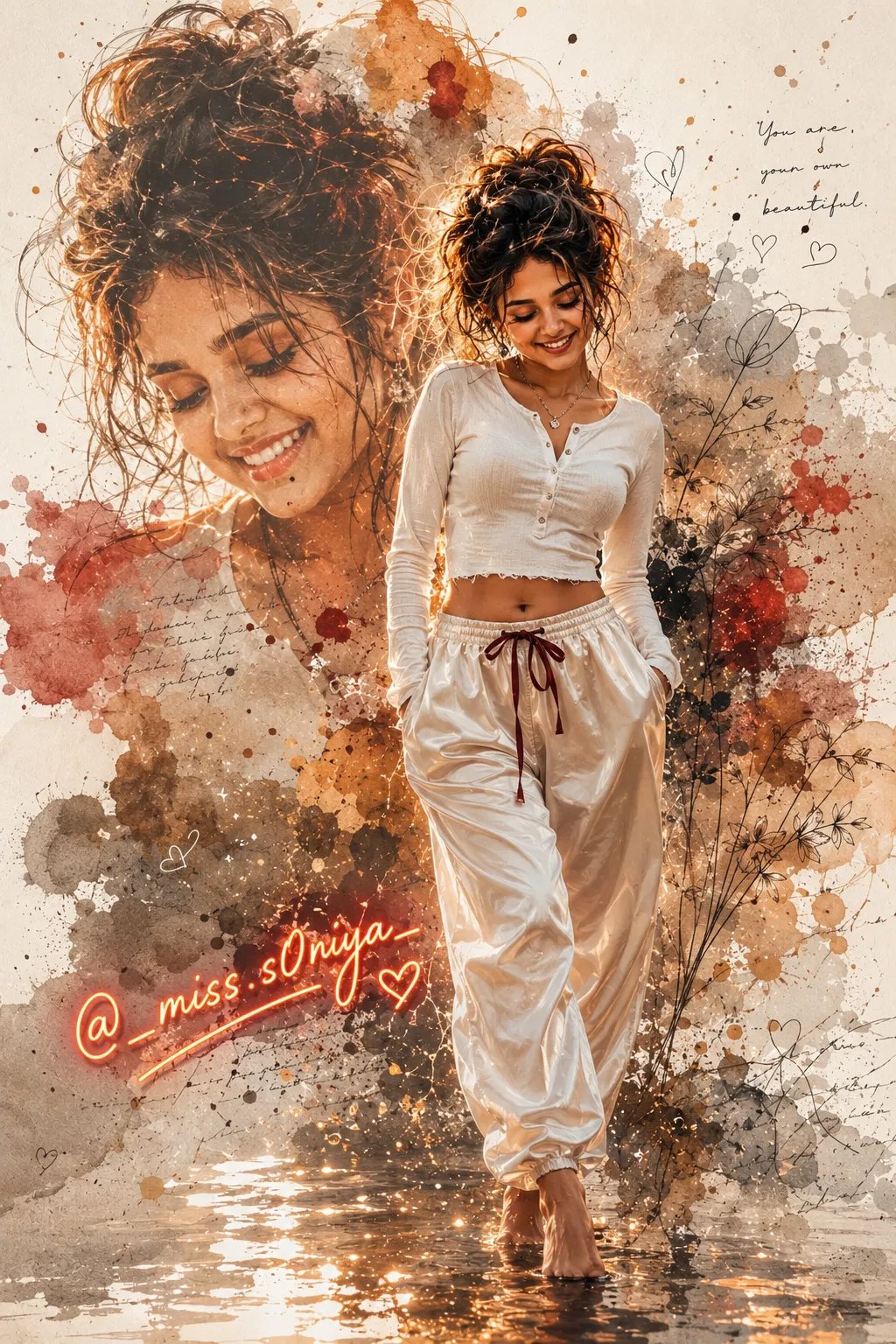 A mixed-media digital painting of a beautiful young woman with a joyful, smiling expression, looking down slightly with her eyes closed.