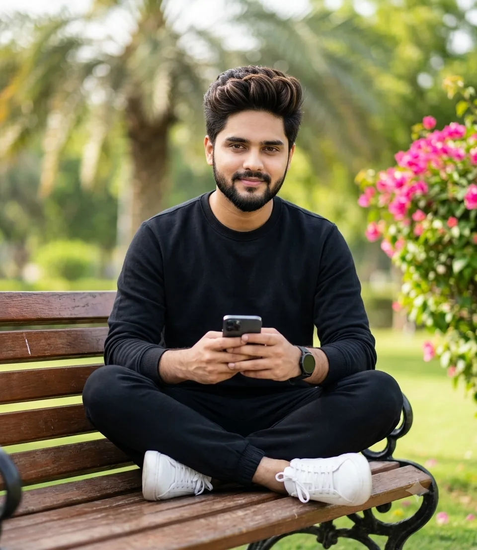 "A realistic 4k cinematic full-body portrait of a handsome 24-year-old South Asian man with a well-groomed full beard and perfectly styled,