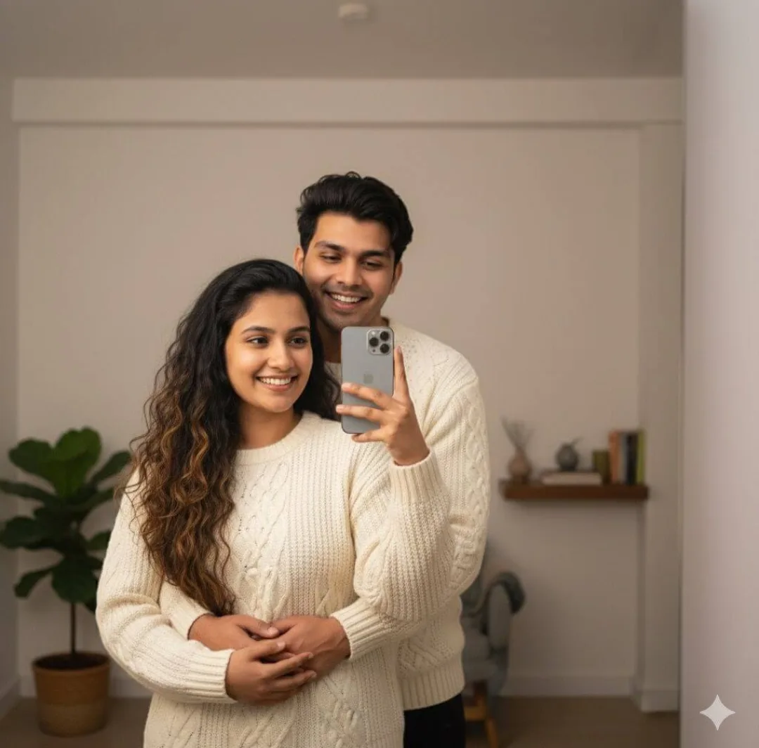A happy young couple standing indoors, taking a mirror selfie together.