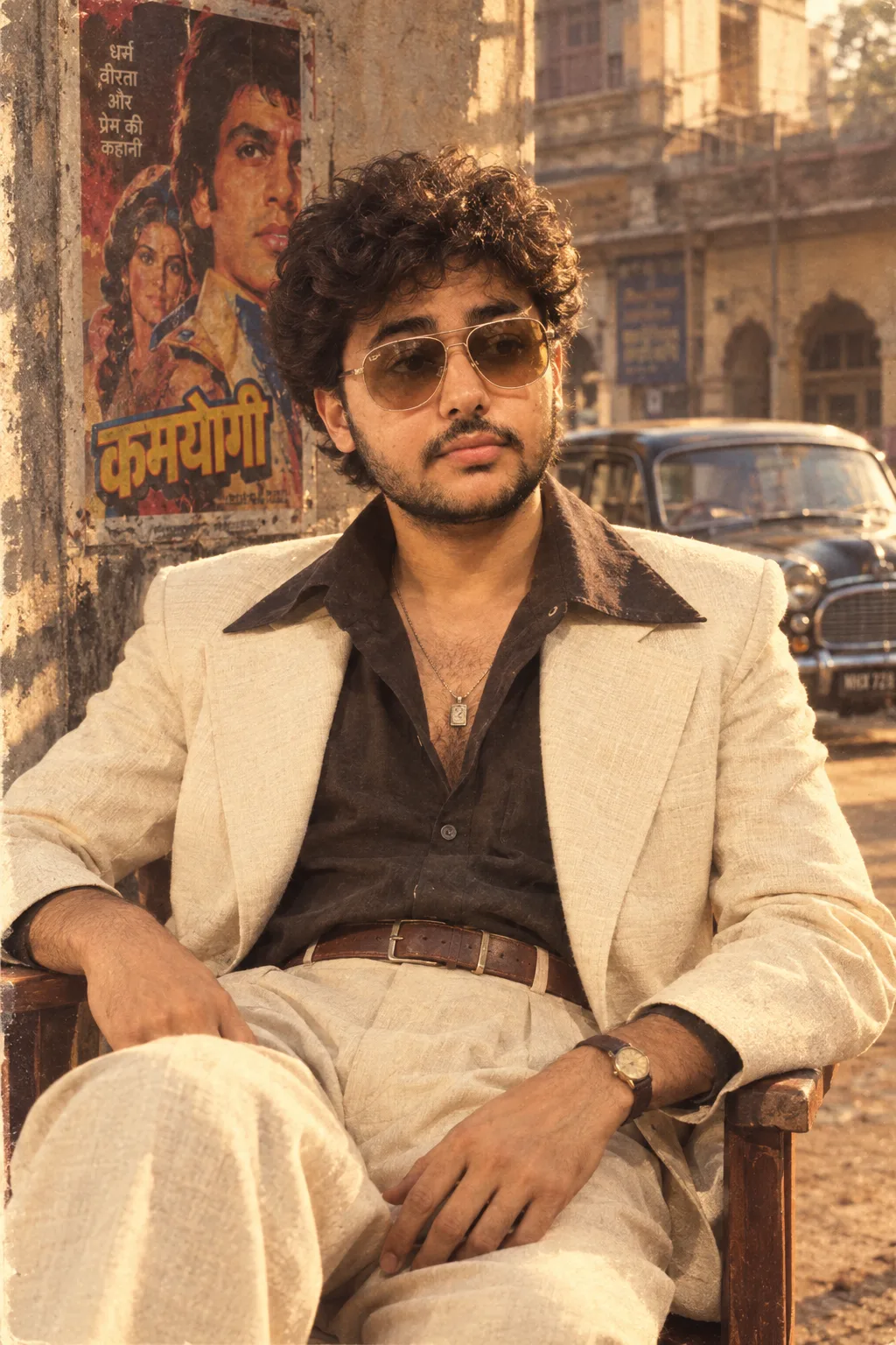 Create an ultra-realistic cinematic 1980s Indian retro editorial portrait using the uploaded reference image.