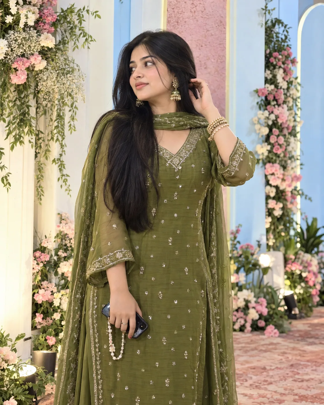 Create an ultra-photonsalistic vertical fashion portrait of a young adult South Asian woman standing gracefully in front of an elegant