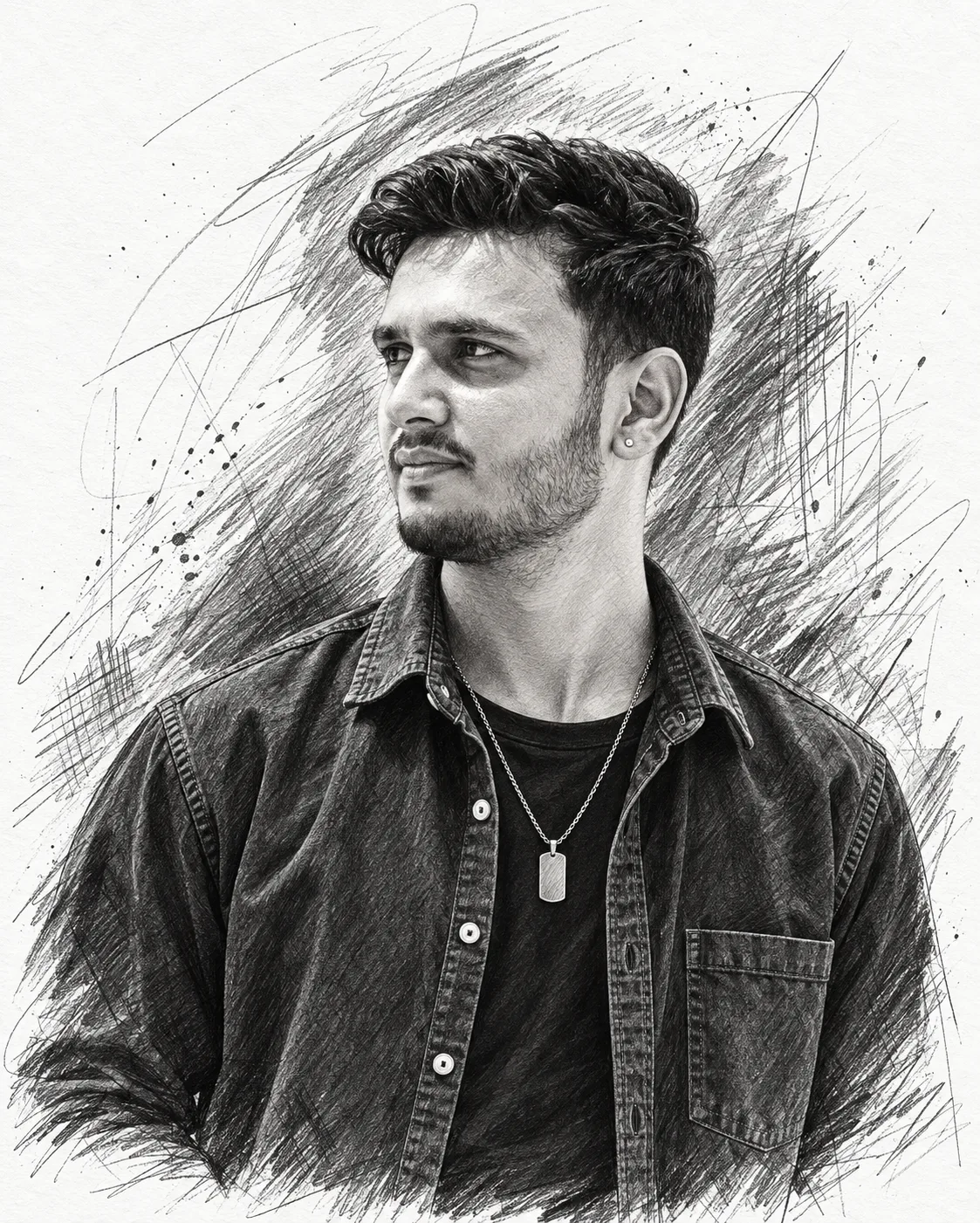 Create an ultra-detailed monochrome hand-drawn fashion portrait based specifically on the uploaded reference image.