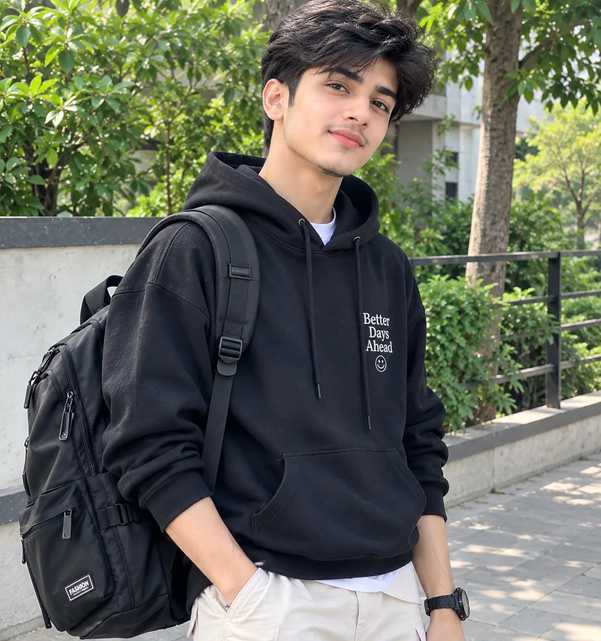 A handsome young South Asian boy wearing a stylish black hoodie with white text, white pants, and a black wristwatch.