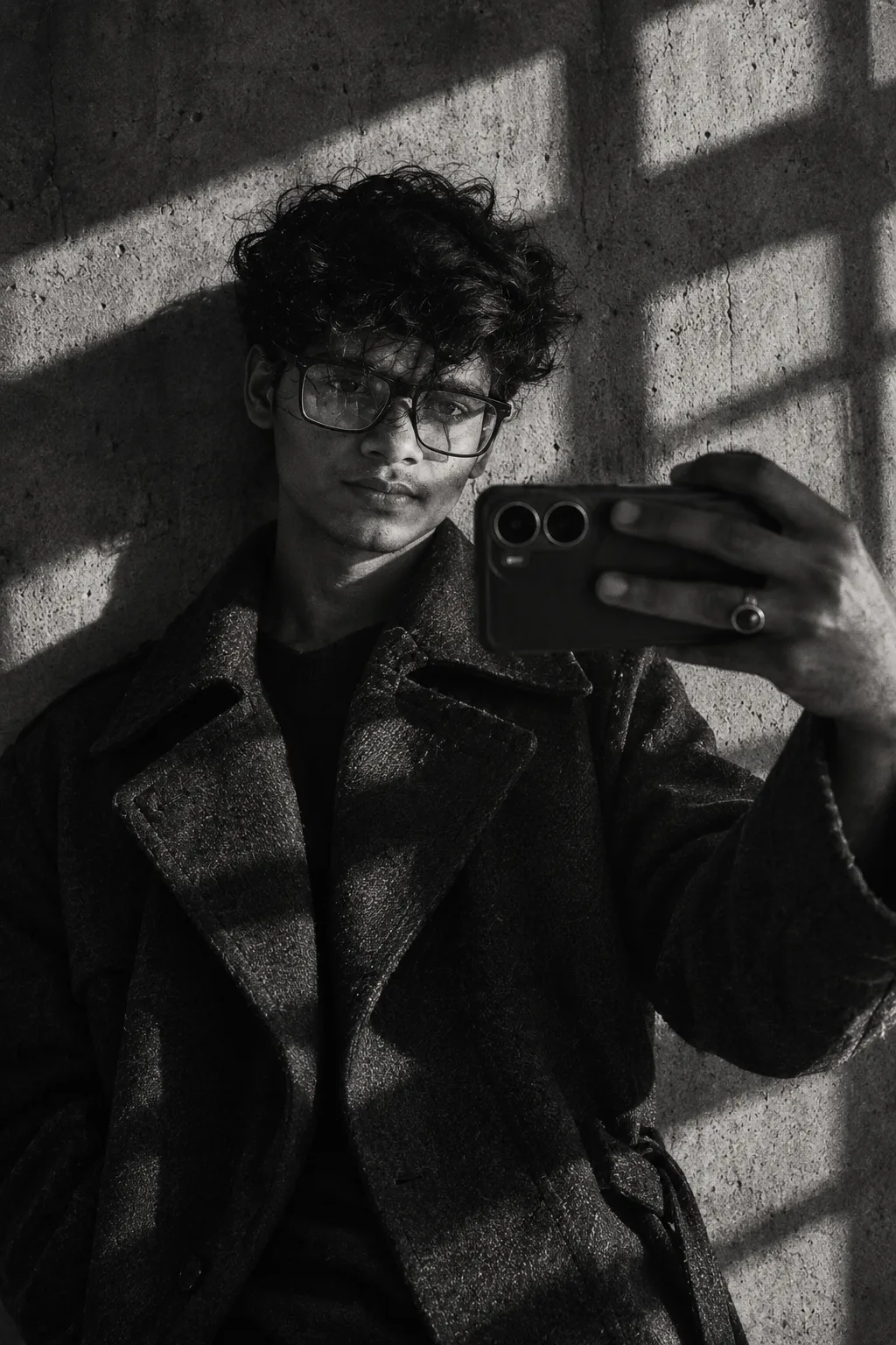 A high-contrast black and white editorial fashion portrait of a young man with messy, volumetric curly hair covering part of his face.