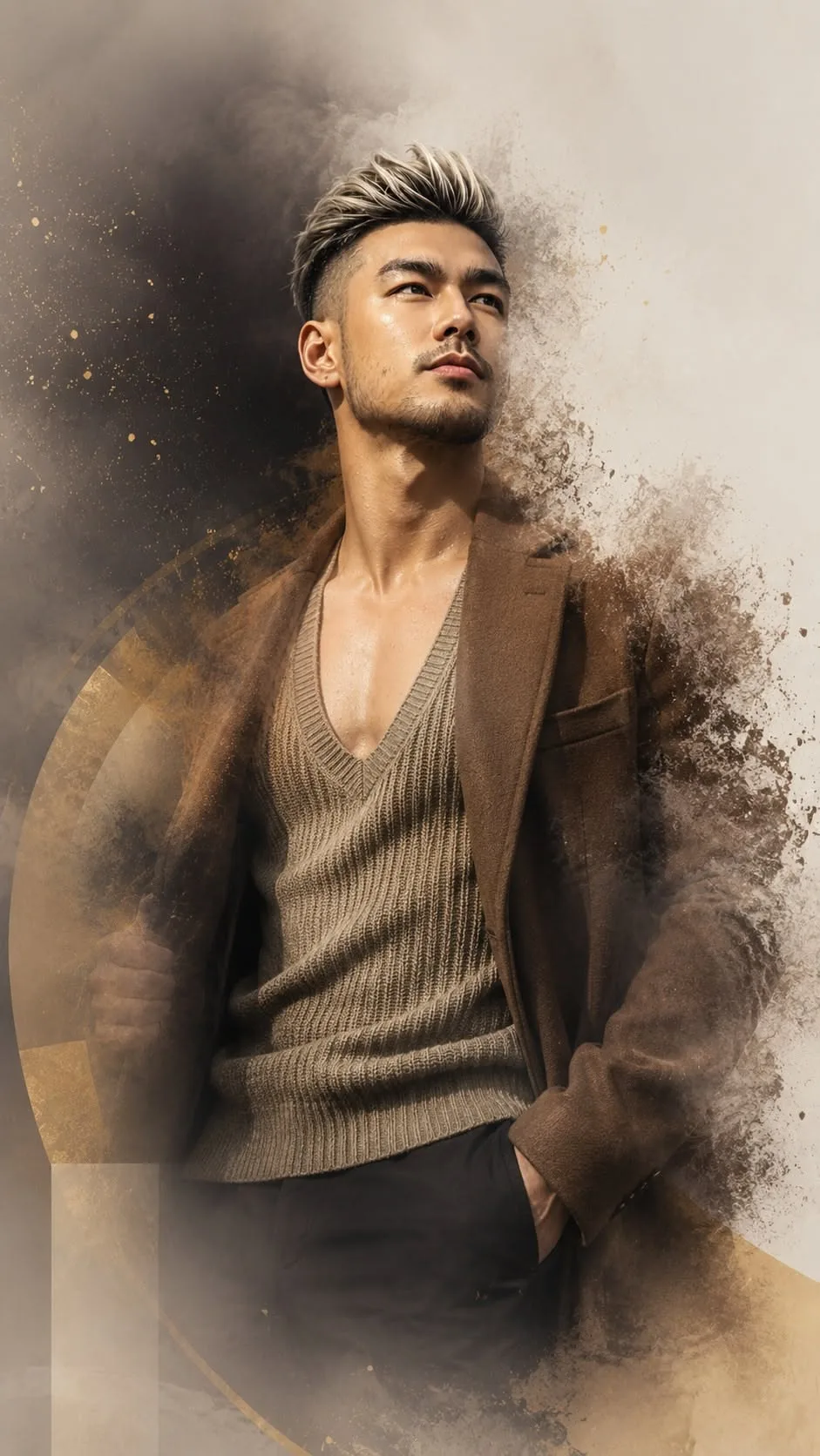 A dramatic and powerful full-body fashion portrait of an attractive East Asian man looking away confidently into the distance.