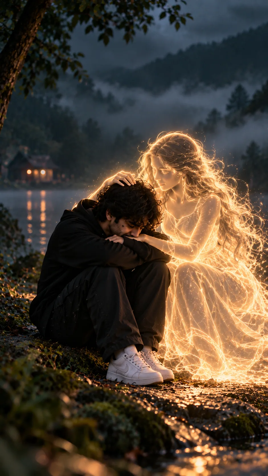 Create an ultra-photorealistic cinematic fantasy scene of a young Indian man sitting alone beside a misty forest lake at night, overwhelmed