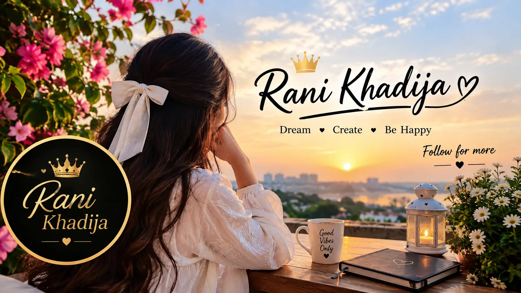 > **Create a beautiful photorealistic Facebook cover/profile banner with a dreamy feminine aesthetic.