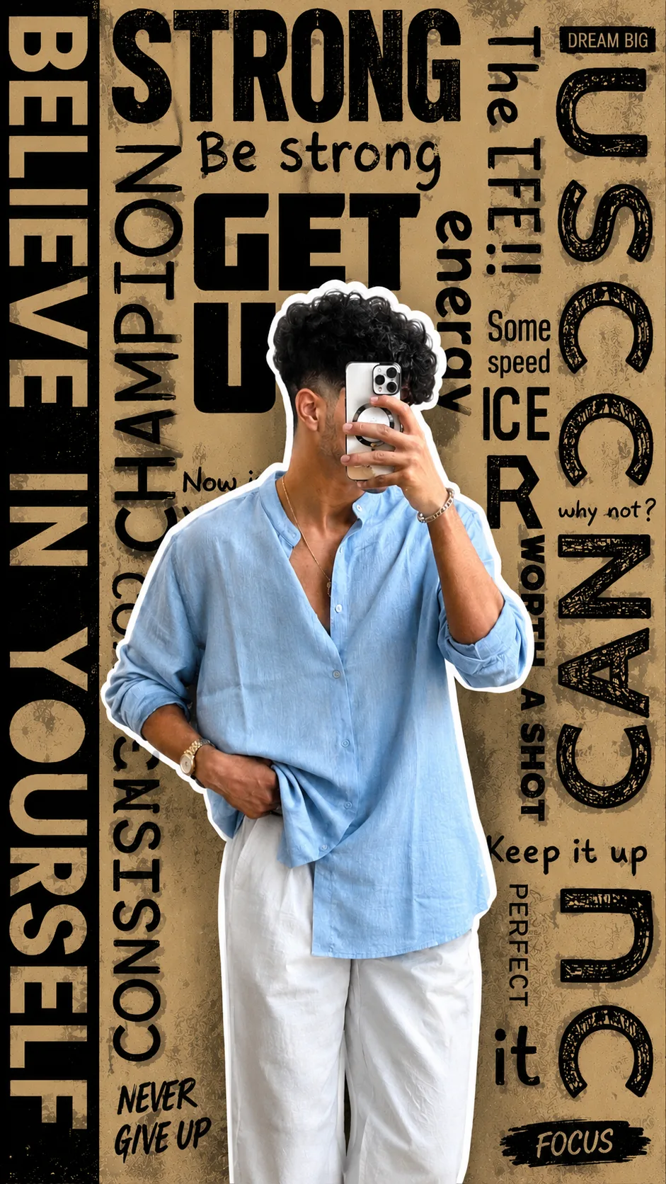 > **Ultra-realistic vertical 9:16 Instagram DP poster of a young male taking a mirror selfie, wearing a loose light-blue linen shirt with