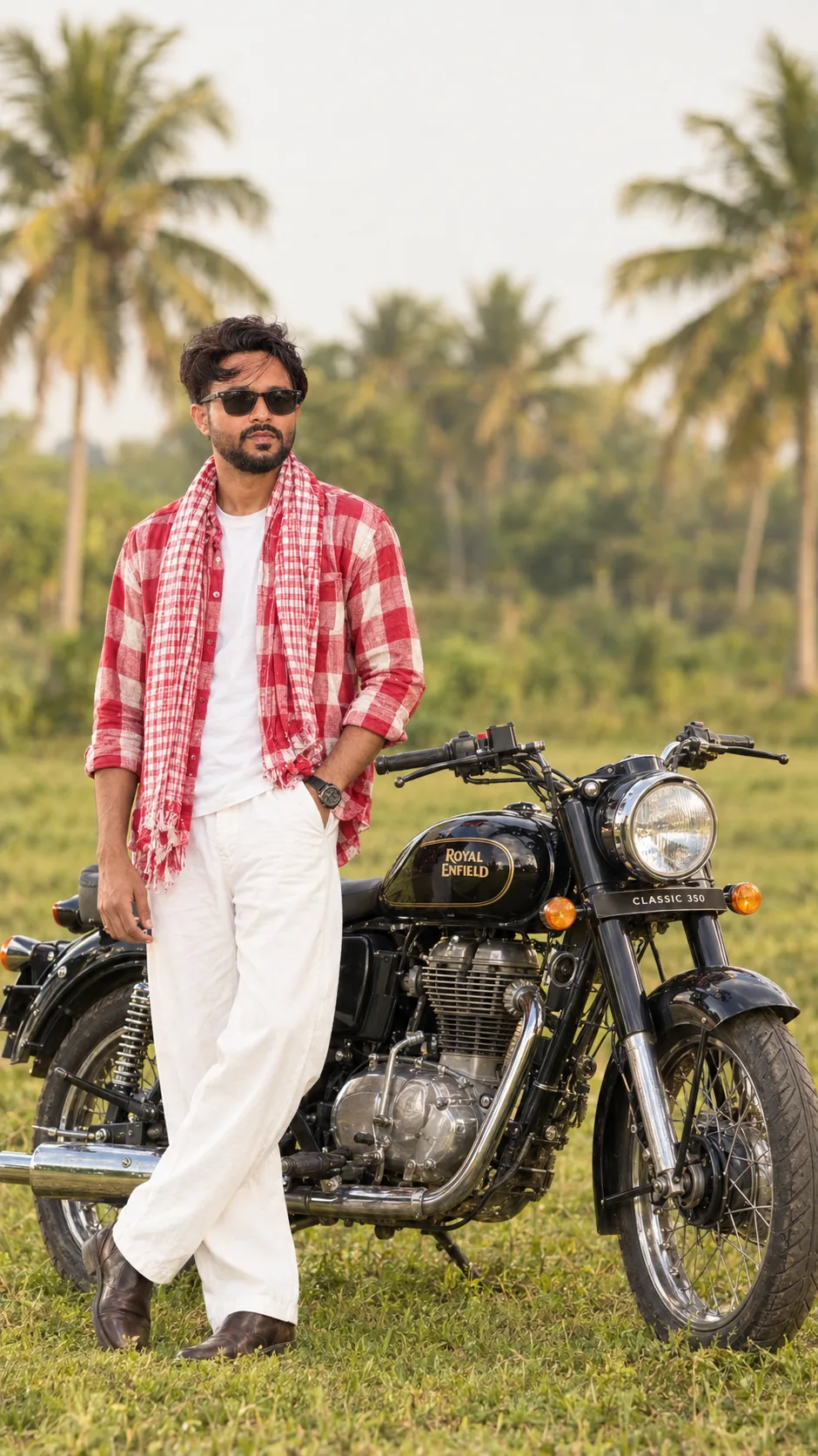 Create an ultra-realistic, high-quality cinematic full-body fashion photograph of a stylish young Indian man standing confidently beside a