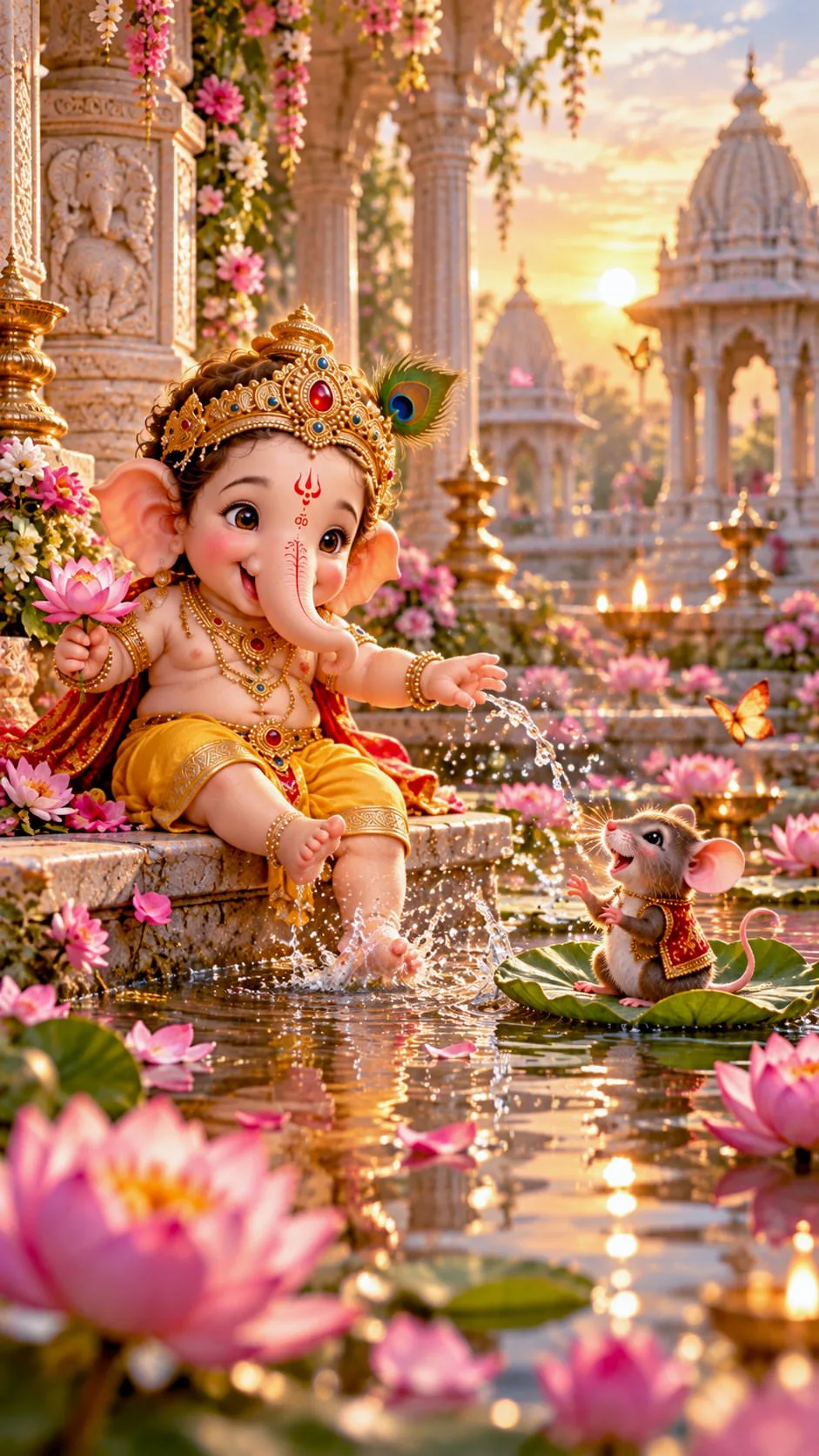 Create a premium ultra-detailed 3D CGI devotional artwork of Baby Lord Ganesha joyfully playing beside a beautiful temple pond during a
