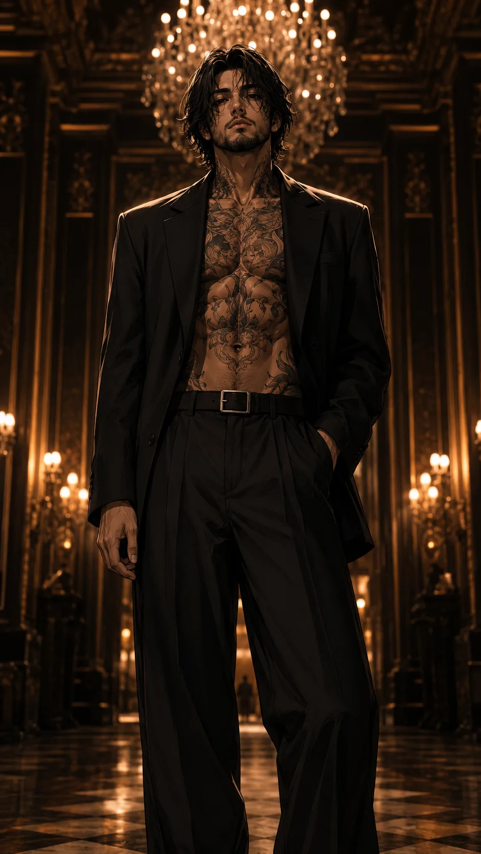 **A highly cinematic vertical anime-style fashion portrait of a handsome young adult man standing confidently inside an elegant luxurious