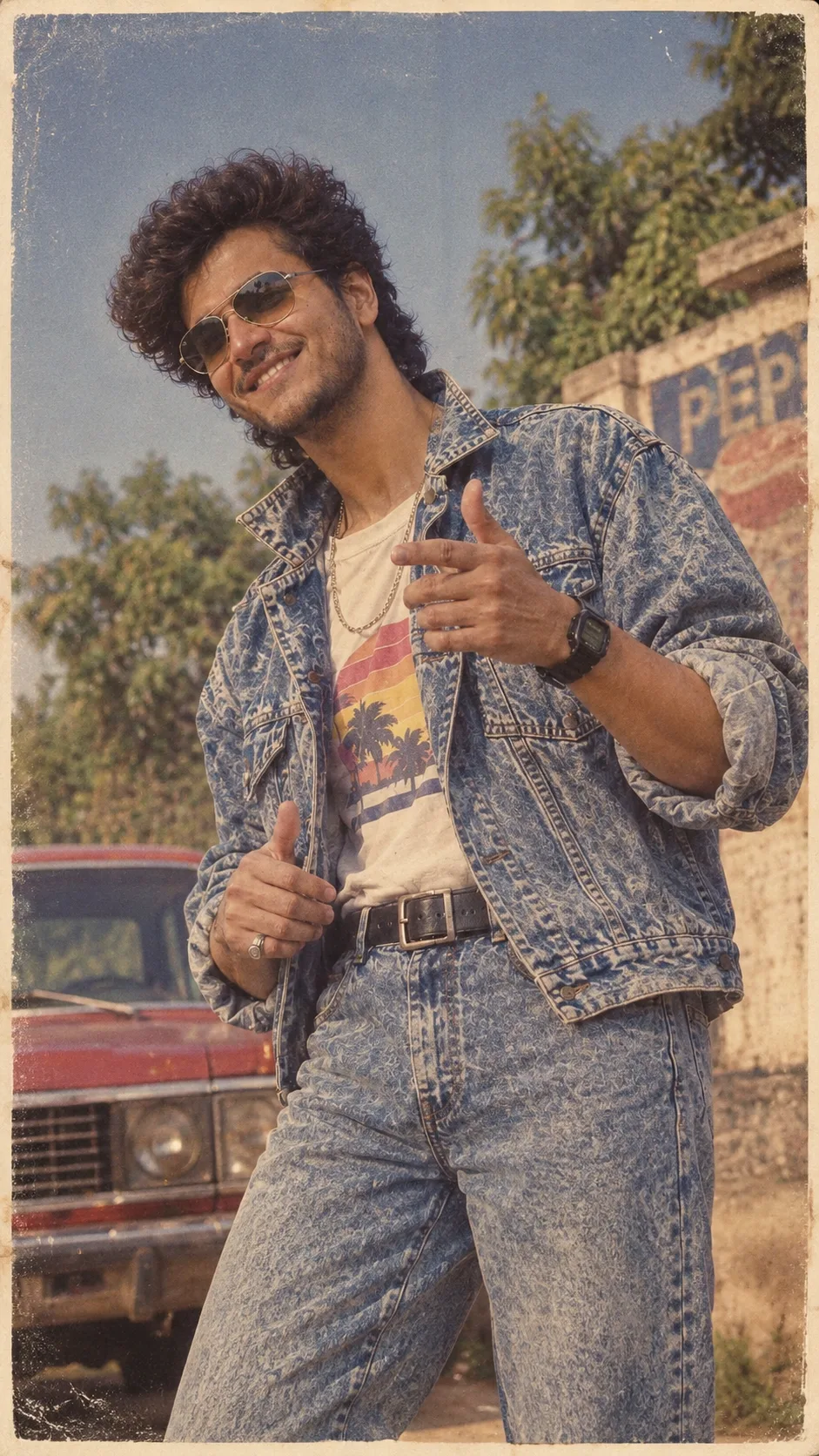 Create a breathtaking ultra-photorealistic 9:16 vertical vintage 1980s photograph using the uploaded photo as the EXACT identity reference
