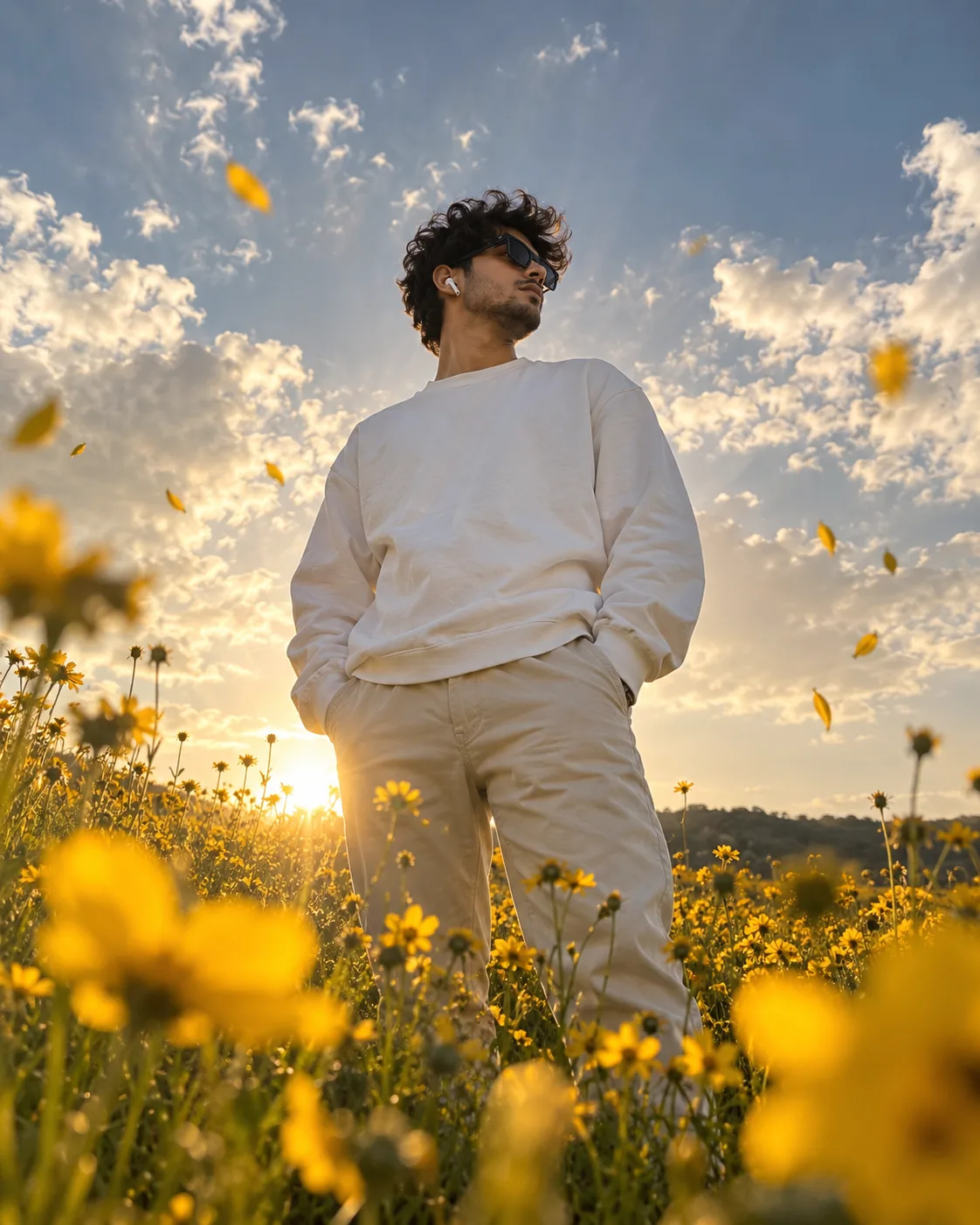 Ultra-realistic cinematic low-angle portrait of a stylish young man standing in a field of vibrant yellow wildflowers at golden hour,