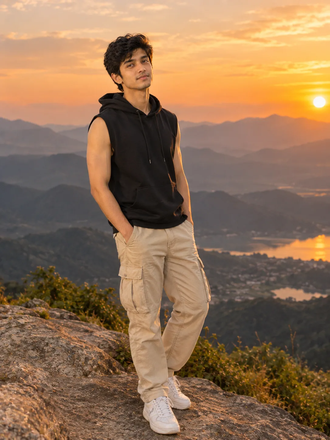A highly detailed cinematic photograph of a young man standing on a mountain viewpoint during sunset.