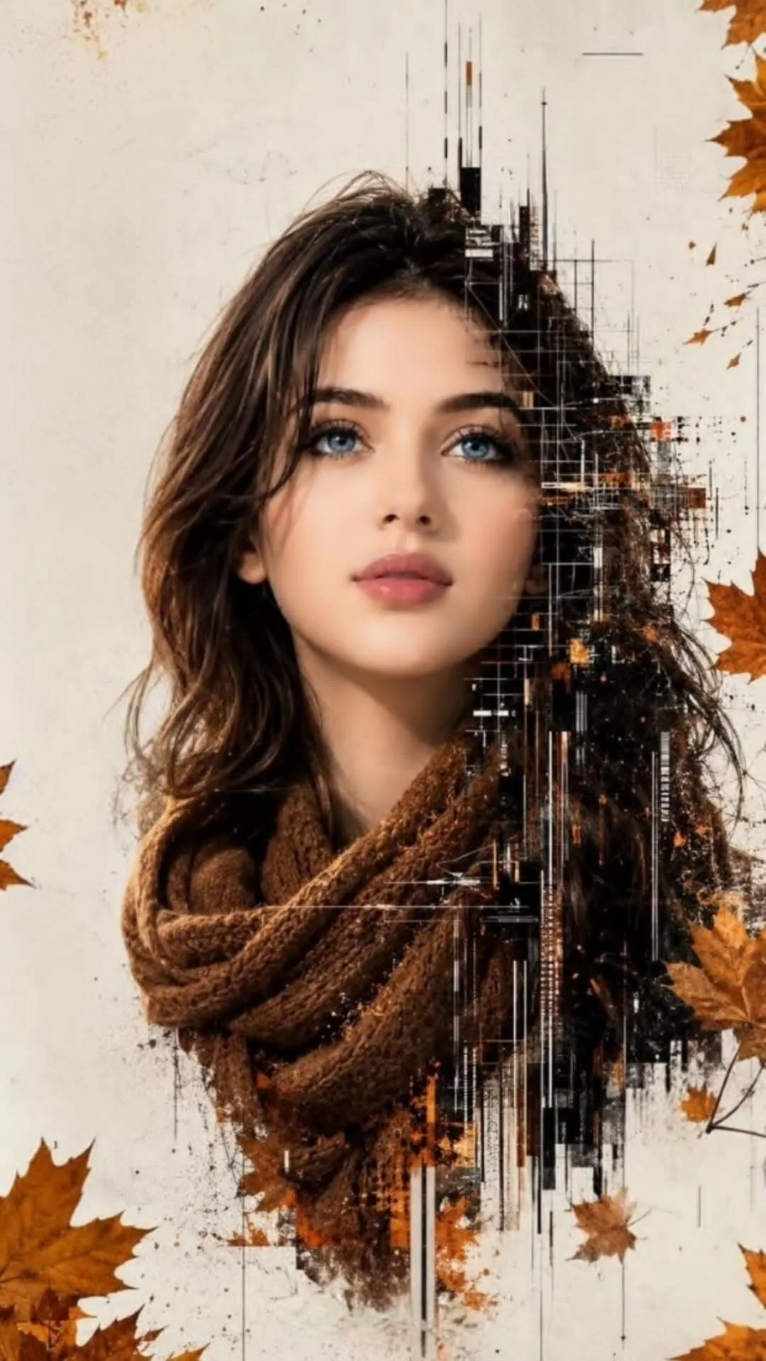 A mesmerizing digital art portrait of a beautiful woman with striking blue eyes and long wavy brown hair, wearing a thick knitted brown