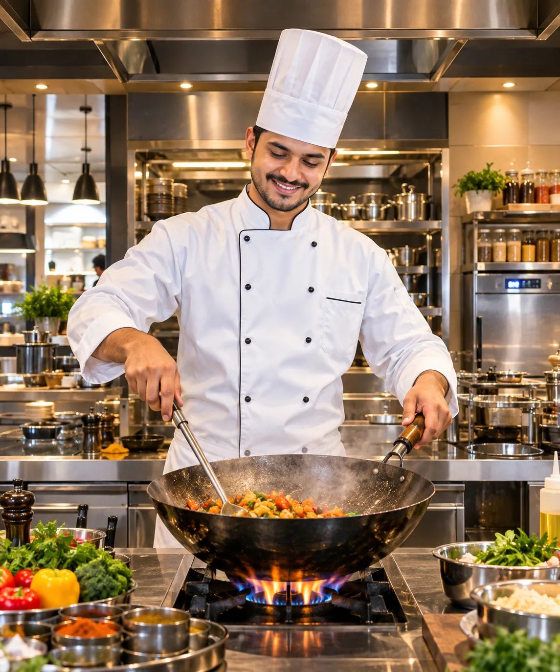 Create an ultra-realistic, professional 4K cinematic photograph of a cheerful chef working in a beautiful, premium modern kitchen.