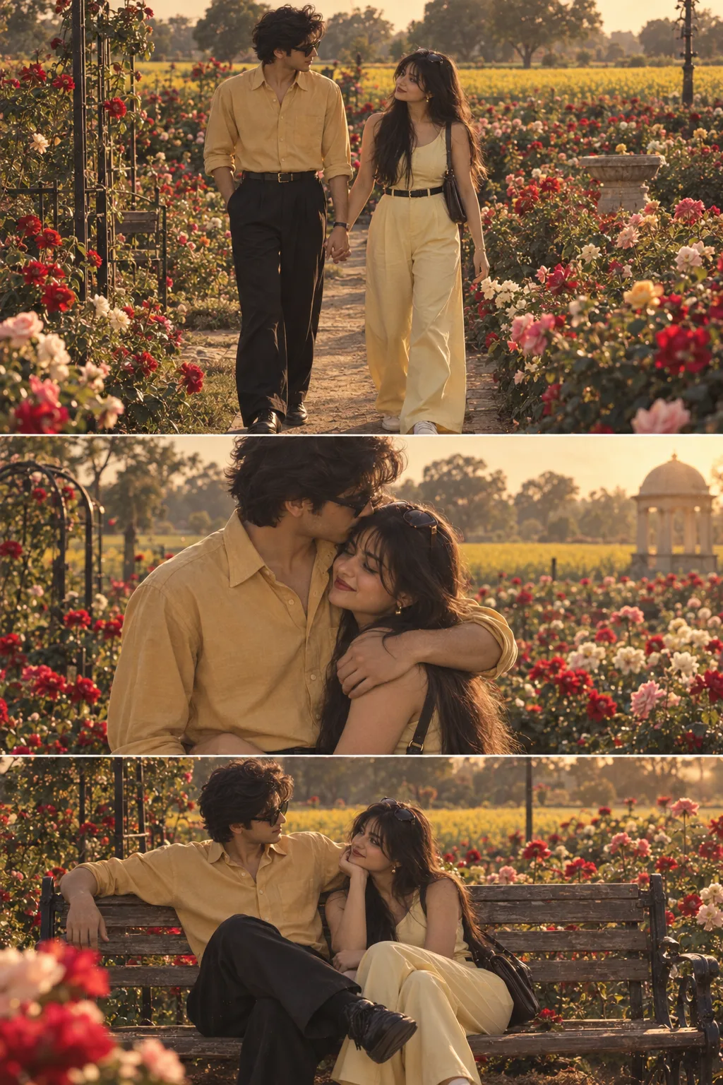 Create an ultra-realistic cinematic three-panel vertical photo collage featuring the same young South Asian couple in a beautiful rose