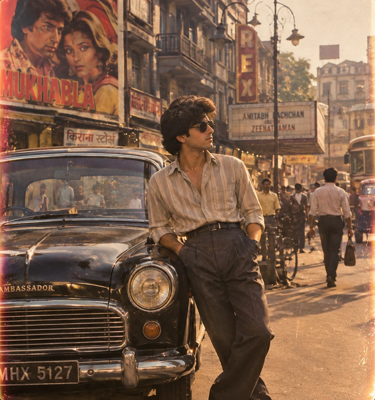 Create a photorealistic cinematic portrait inspired by the visual aesthetics of 1980s Indian cinema, featuring a young person standing