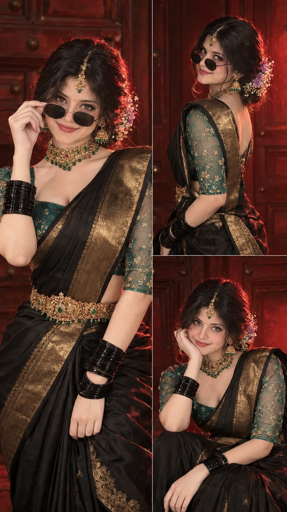 "Photorealistic half-body portrait of a South Indian woman in glamorous traditional wear with a retro twist.