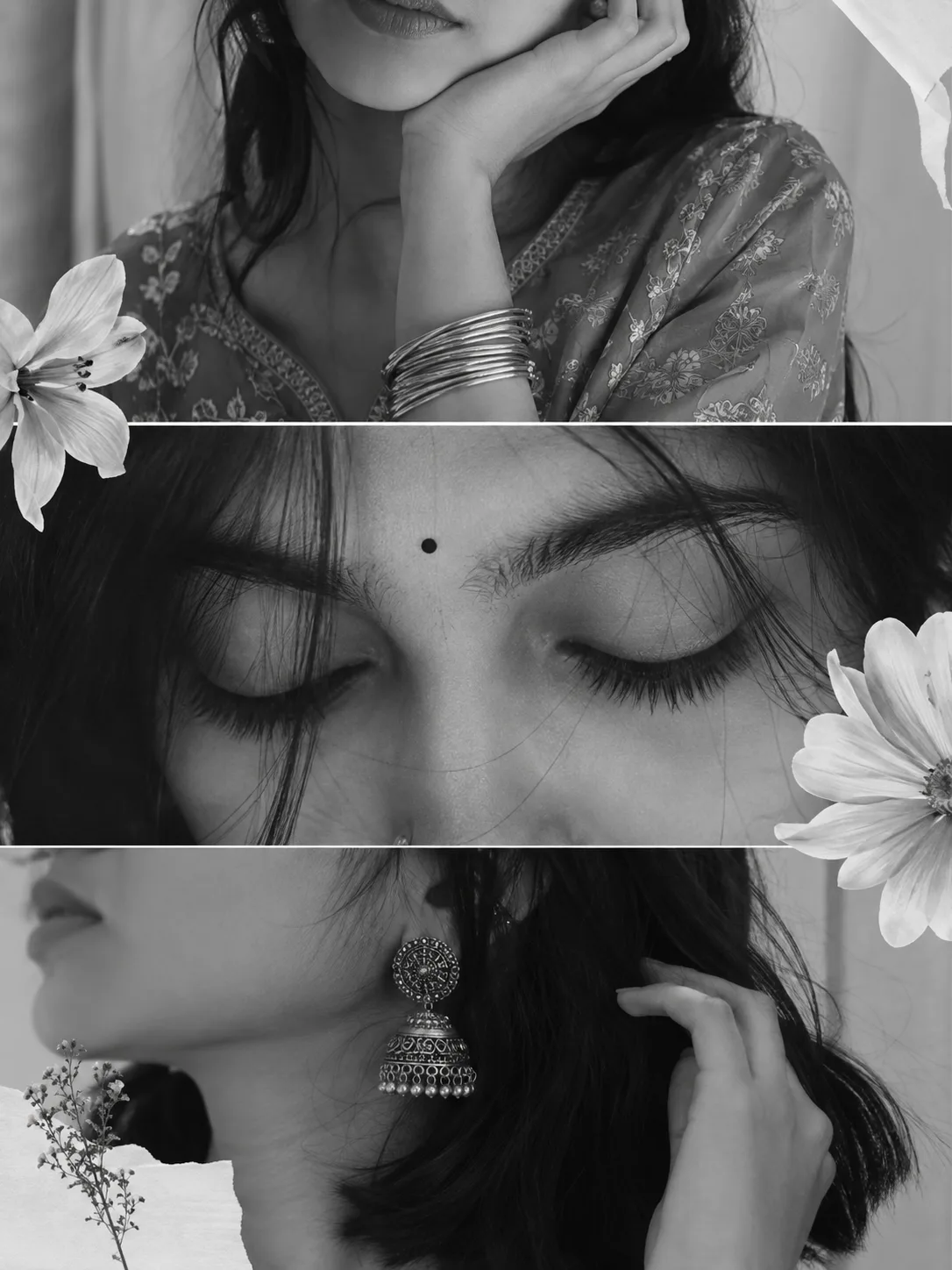 Aesthetic black-and-white editorial collage of a young Indian woman.