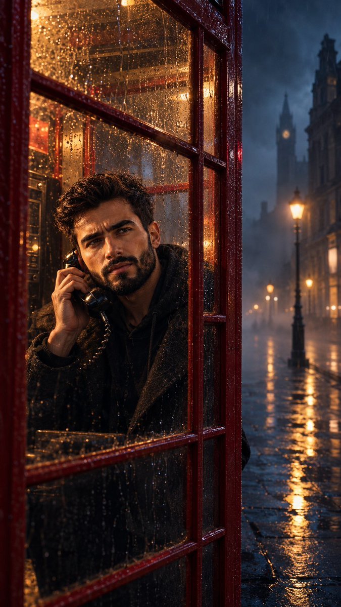 Handsome man in phone booth