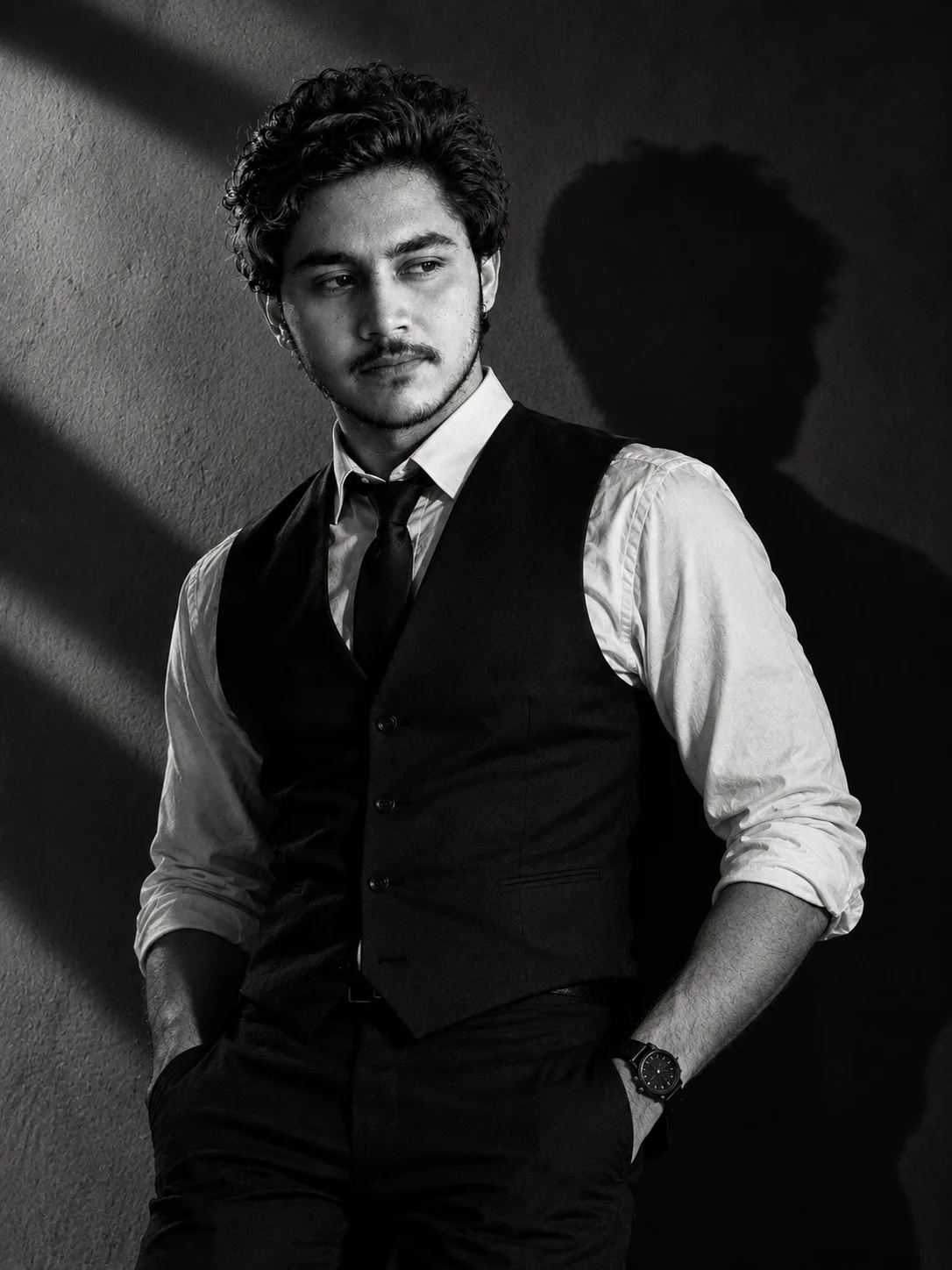 > **Create an ultra-photorealistic cinematic black-and-white fashion portrait using the uploaded reference image as the primary identity
