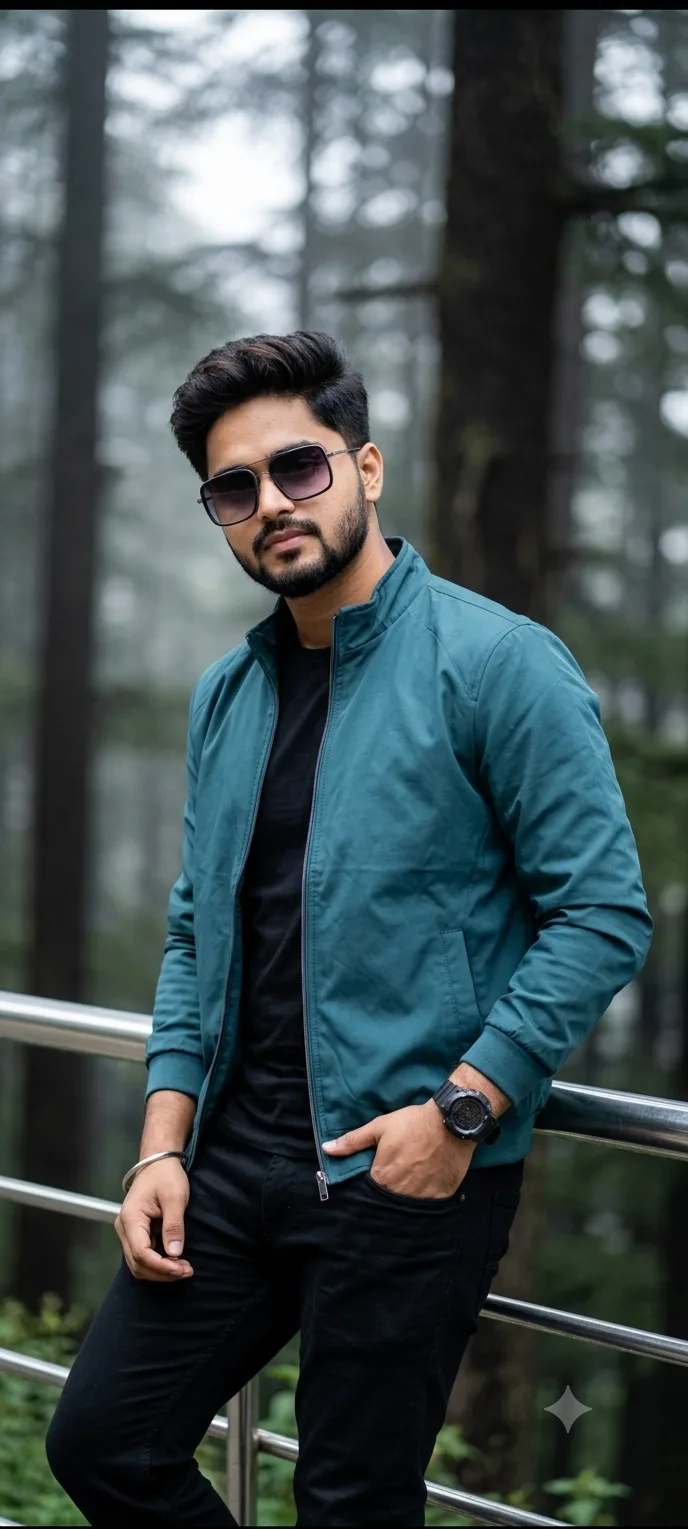 A stylish young Indian man in his mid-20s posing outdoors, leaning casually against a silver metal railing.