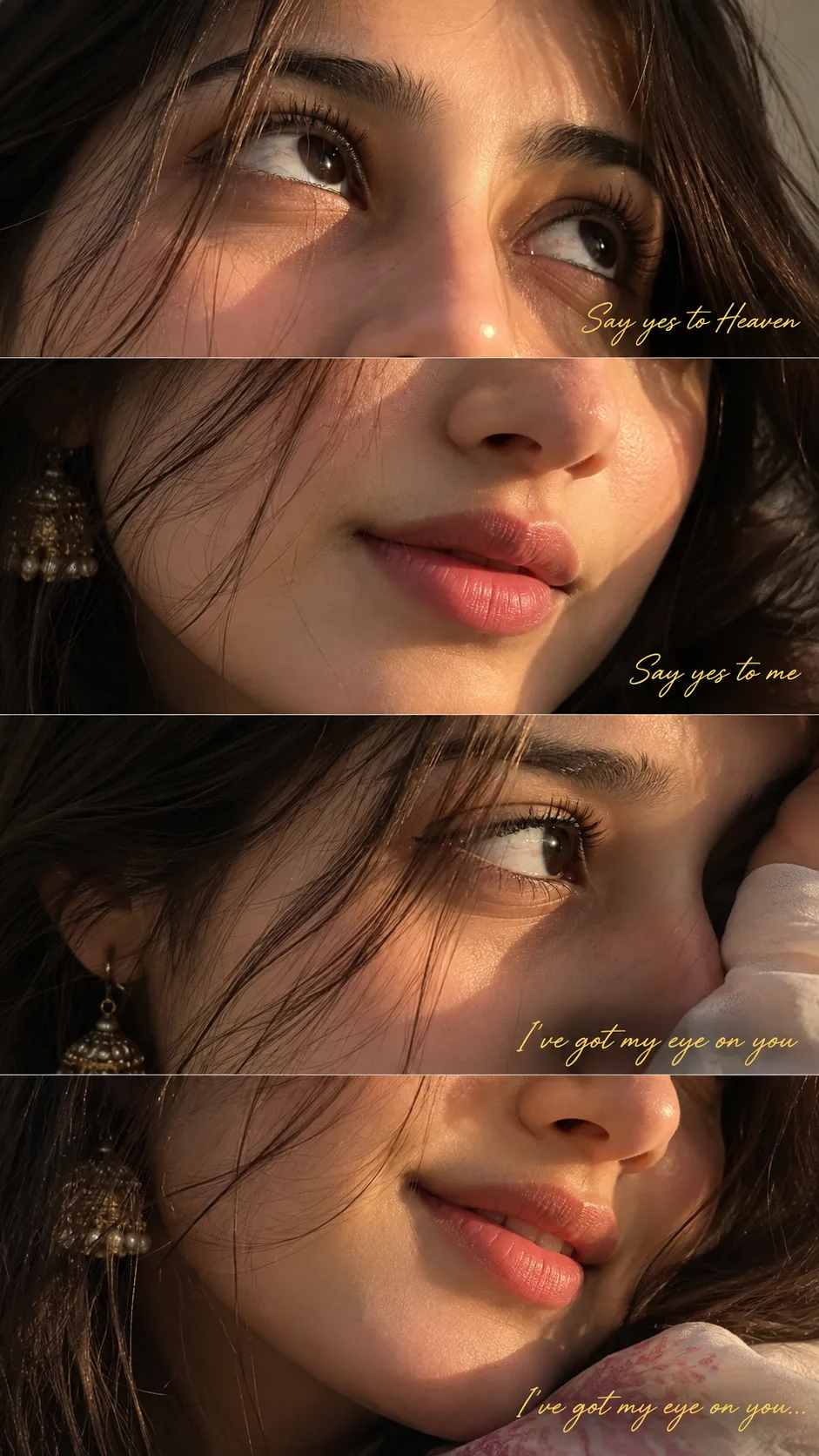 A photorealistic vertical aesthetic collage composed of four horizontal stacked macro crop panels featuring the young Indian woman from the
