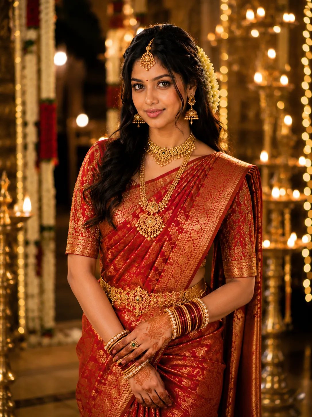 ❣️❣️❣️ Lovely Saree Look ❣️❣️❣️ Ultra-realistic fair beautiful Indian bride in luxurious deep red silk saree with intricate golden zari