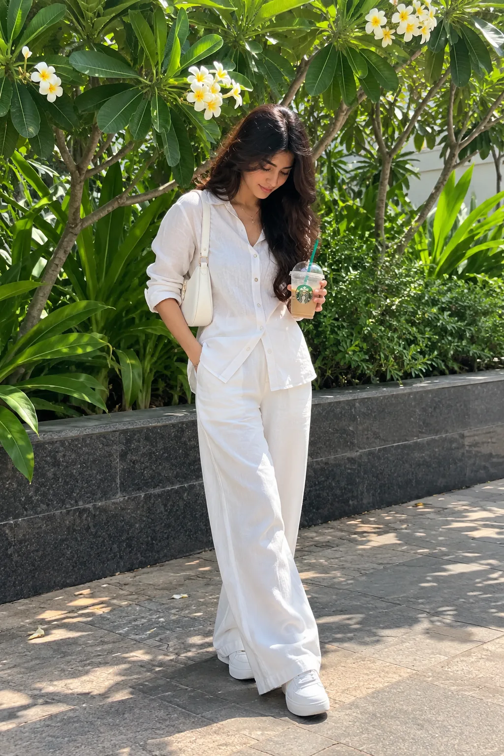 A full-length photo of a stylish Indian woman with long, dark wavy hair.