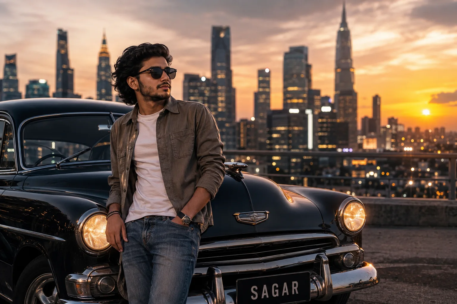 Create an ultra-realistic cinematic portrait of Sagar, a successful entrepreneur, standing confidently in Lagzembar during golden hour.