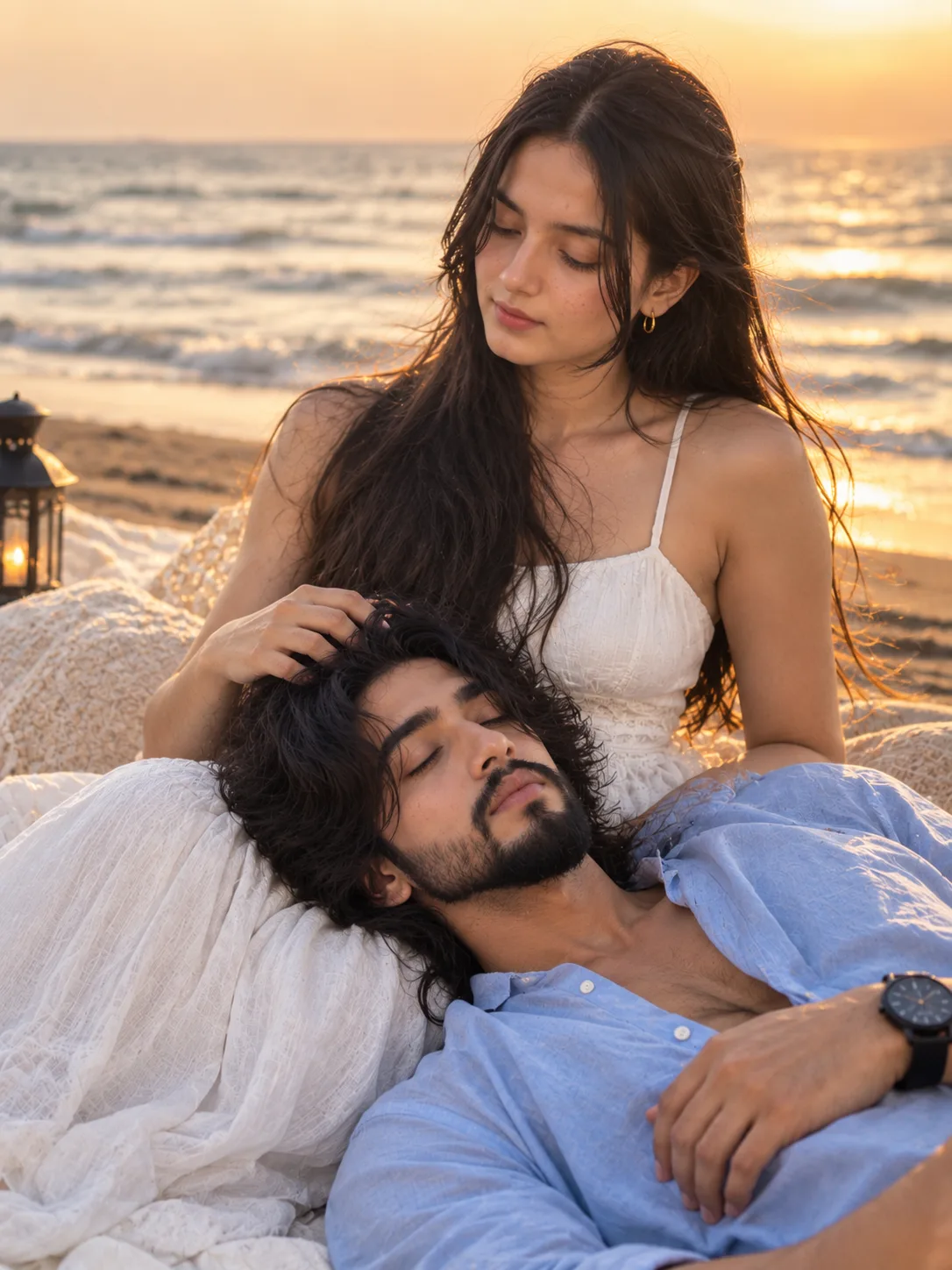 are a young couple of South Asian descent, sharing a tender moment on a sandy beach during the golden hour, creating a warm, romantic