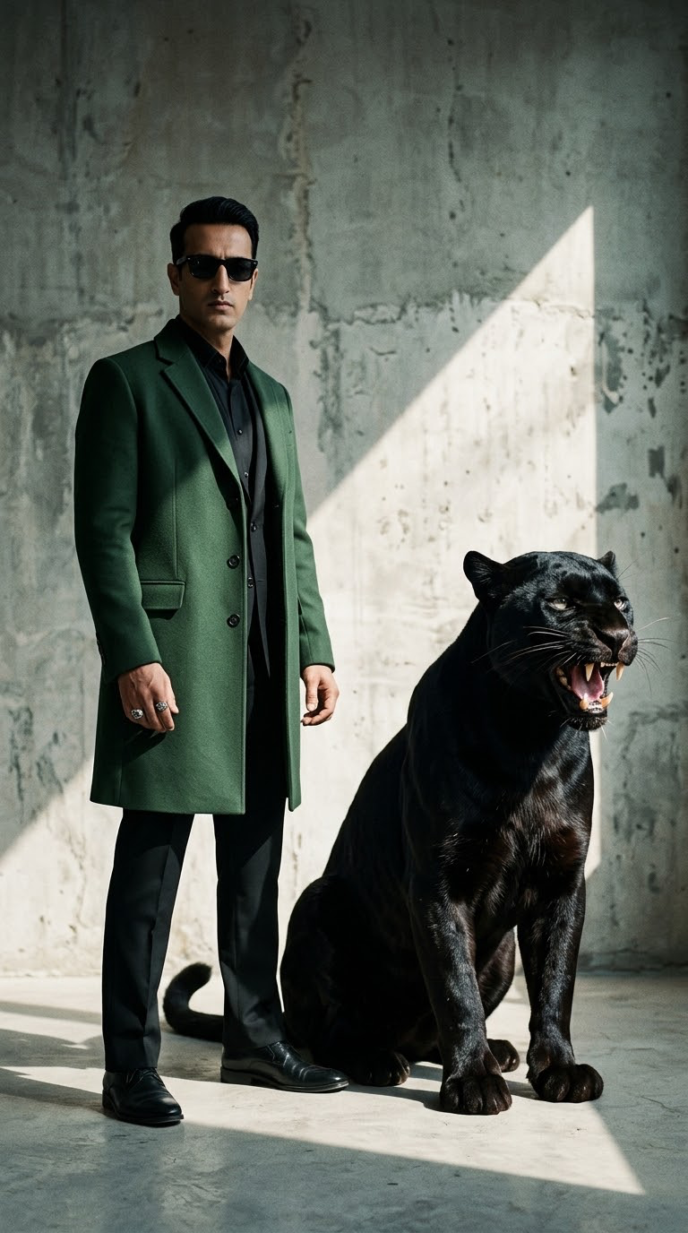 Vertical high-fashion editorial scene featuring a tall man (image Uploaded) in a long, tailored forest-green overcoat and black suit,