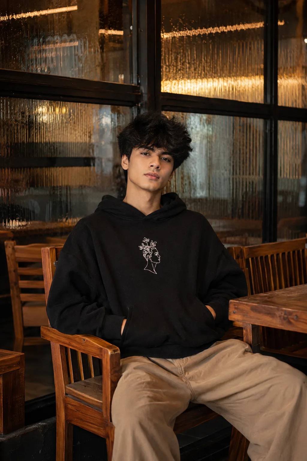 A young man with naturally thick, slightly tousled black hair, soft defined facial features, clear natural skin texture, calm confident