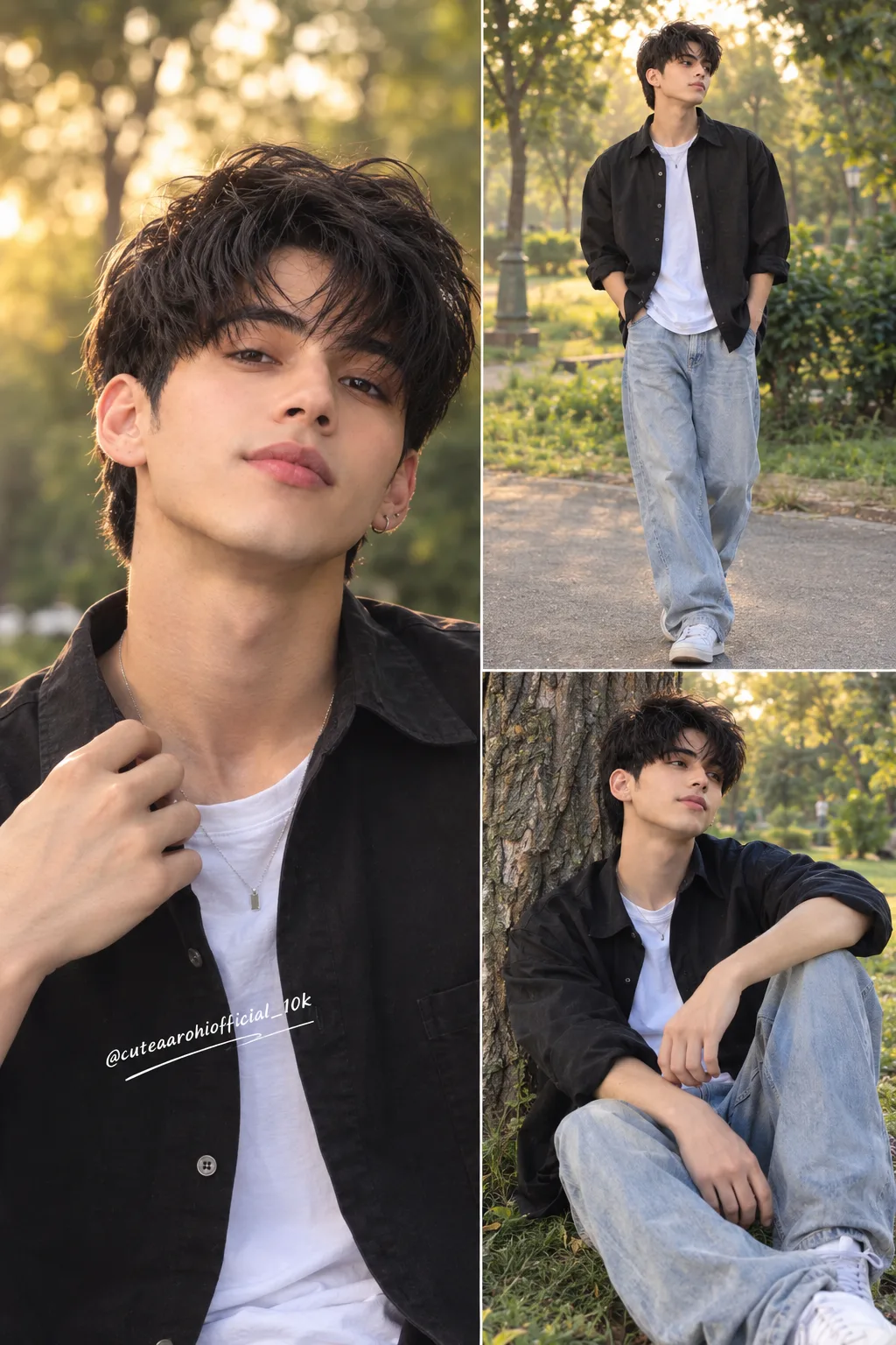 Create a image. Ultra-realistic outdoor fashion portrait collage of a stylish young @cuteaarohiofficial 10k South Asian man in a lush green