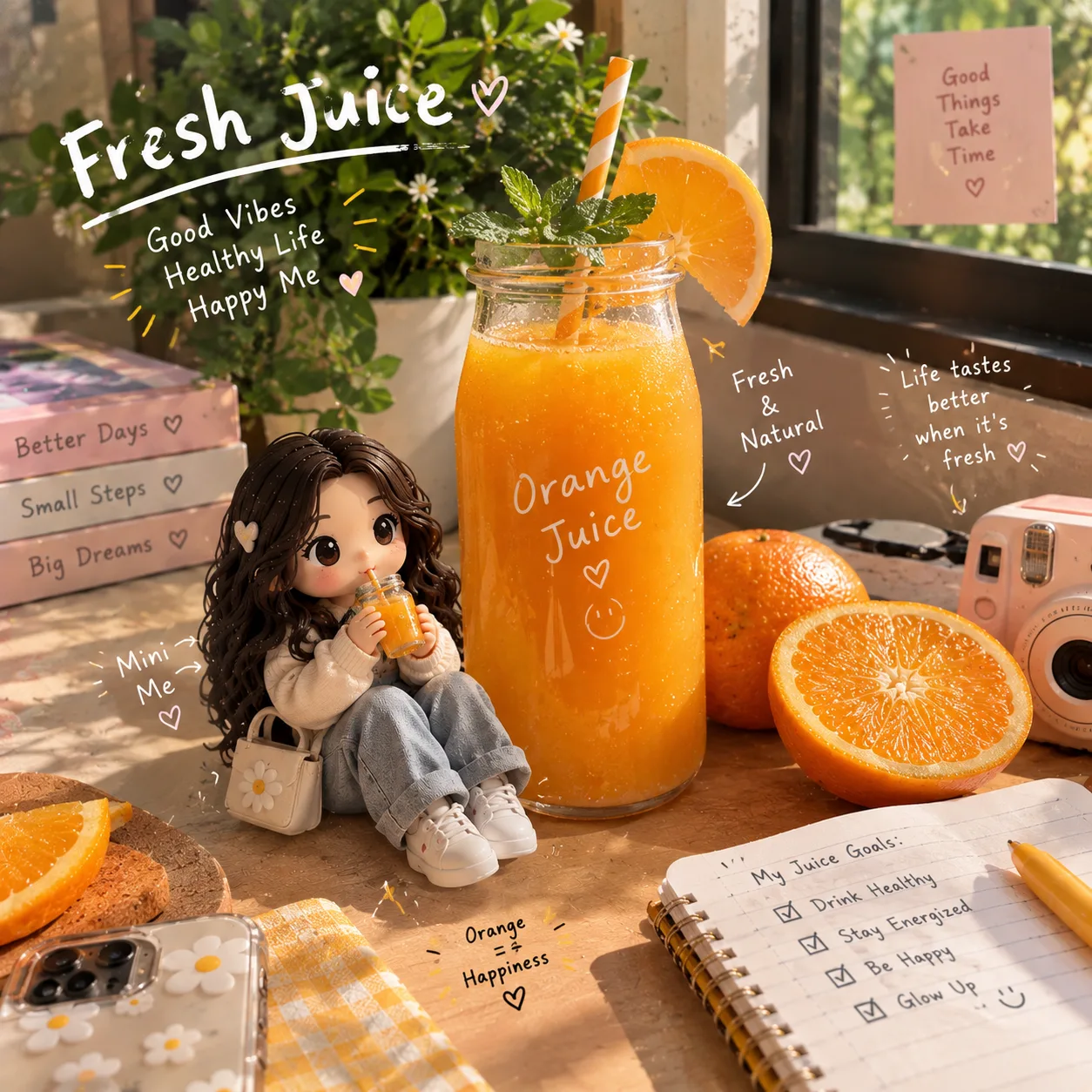 Create a photorealistic UGC-style lifestyle food photograph featuring a tall clear glass jar filled with fresh orange juice.