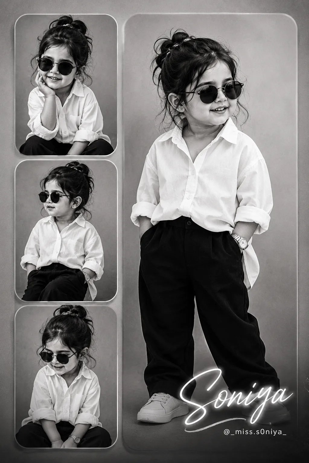 Follow for PRONT- ⤵️ (◕‿◕) “Create a modern black-and-white collage portrait of a stylish baby girl wearing black sunglasses, a white