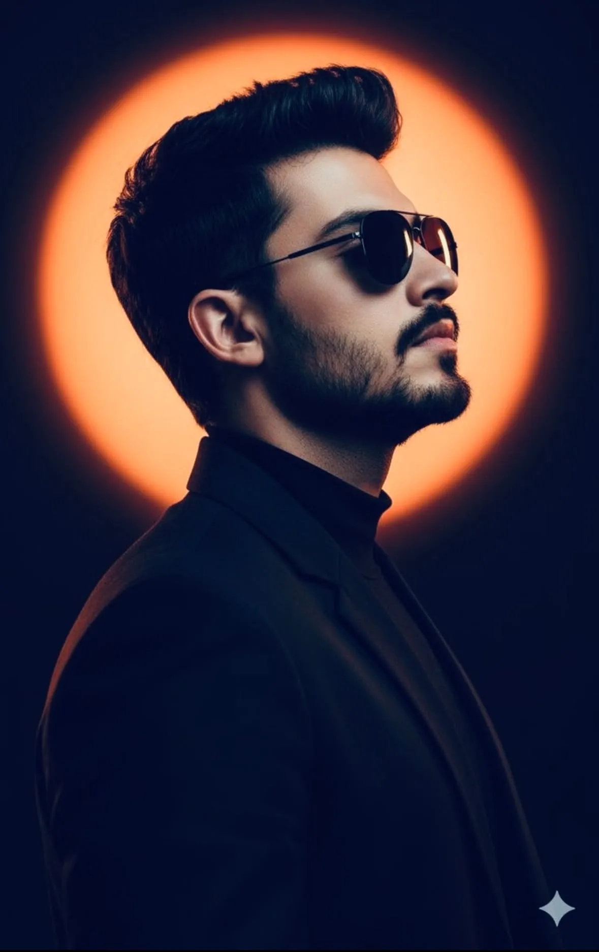 A highly detailed, photorealistic profile shot portrait of a handsome young South Asian man facing towards the right side.