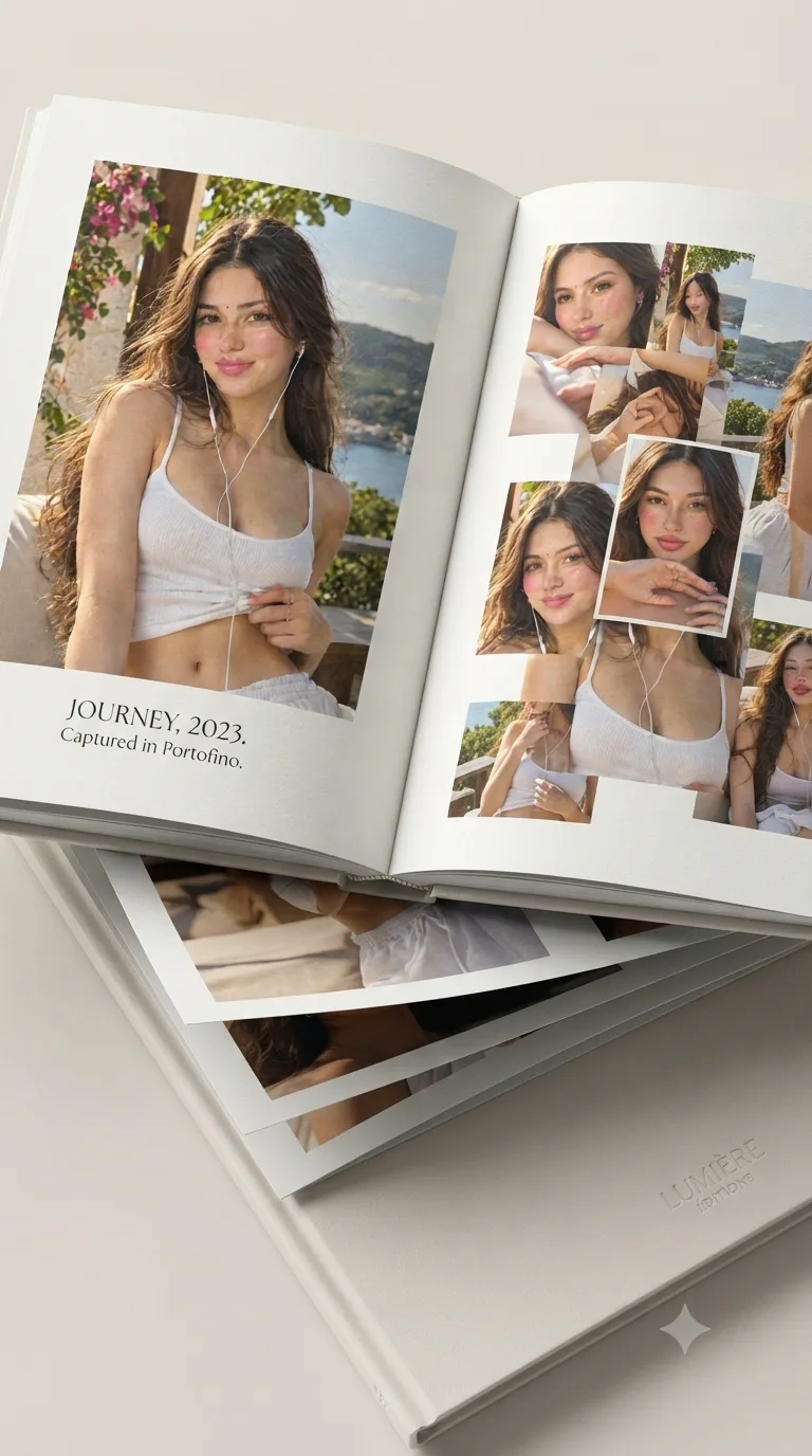 Luxury photorealistic coffee table book, open to two pages, showcasing an artistic composition of editorial portraits.