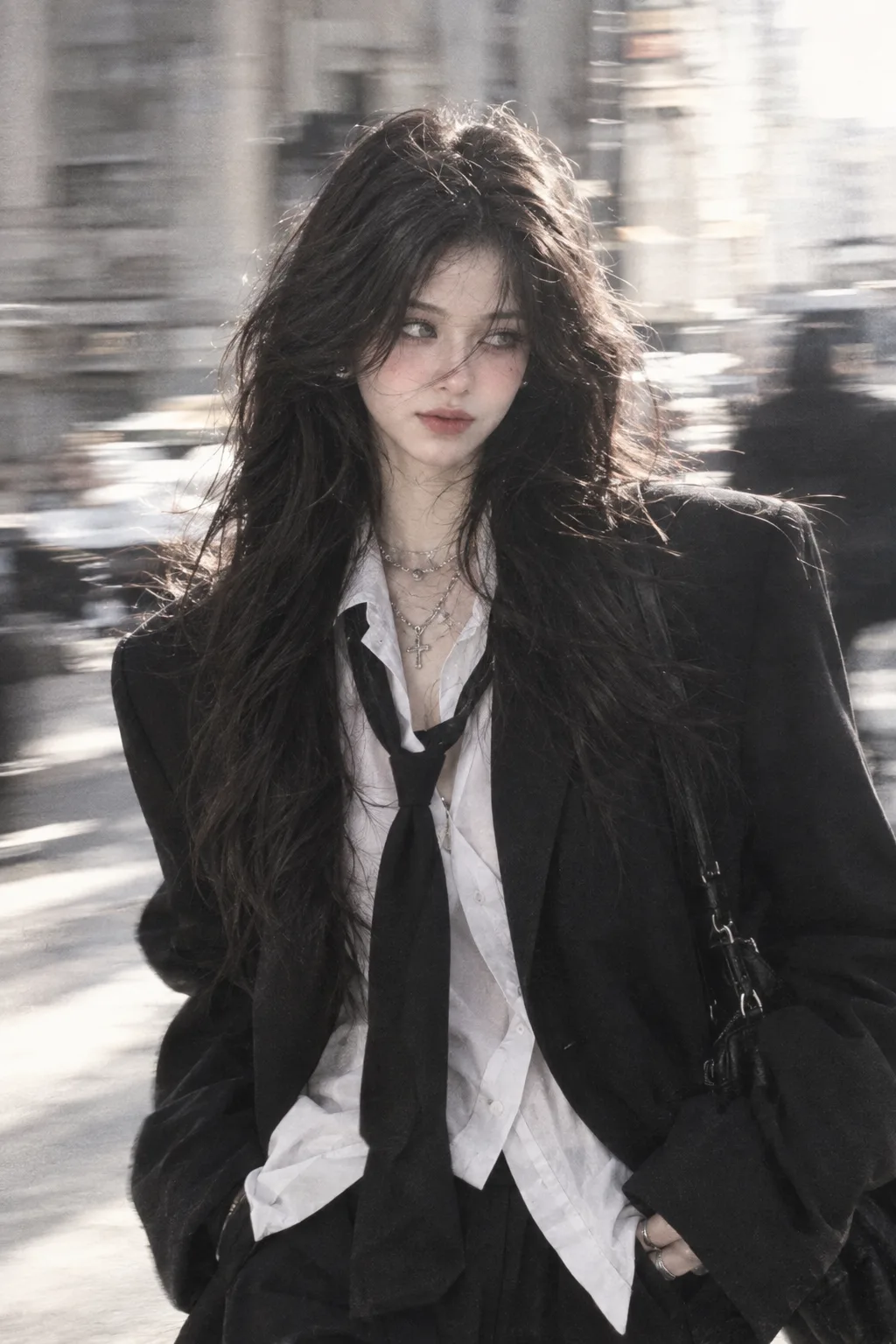 young woman, same face as reference, messy voluminous dark hair, soft texture, slightly covering eyes, sharp cheekbones, androgynous